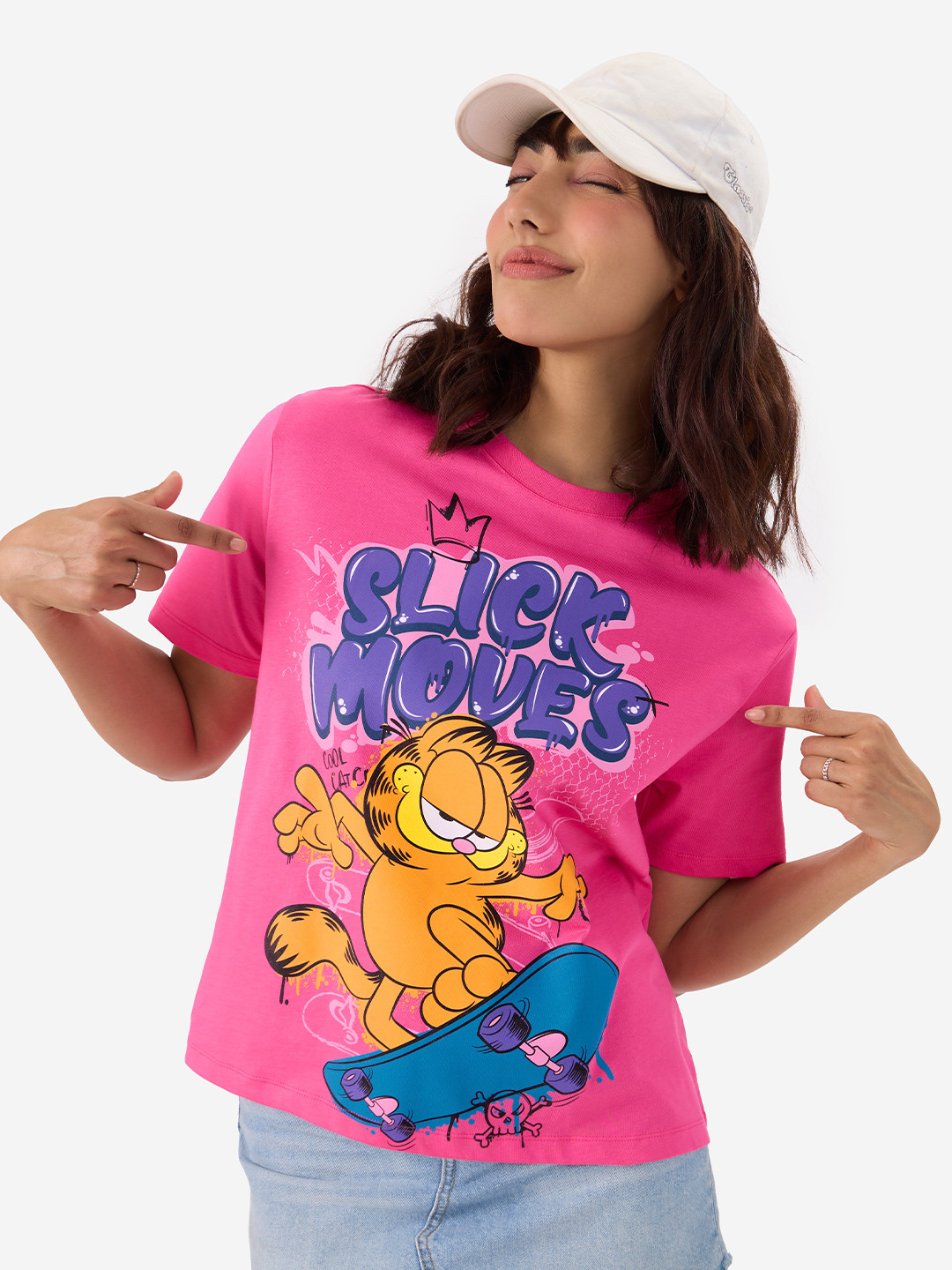The Souled Store Pink Garfield Graphic Printed Relaxed Fit Pure Cotton T-shirt