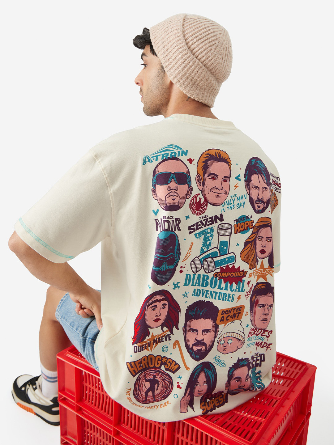 The Souled Store Cartoon Doodle Printed Drop-Shoulder Sleeves Cotton Oversized T-shirt