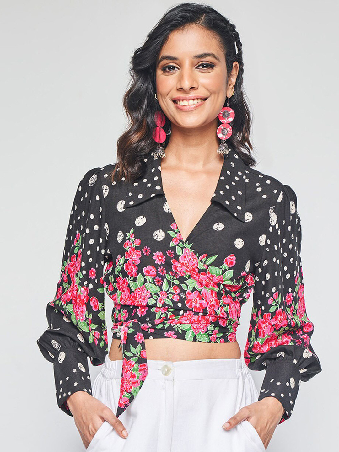 Global Desi Shirt Collar Long Cuffed Sleeves Floral Print Crop Top