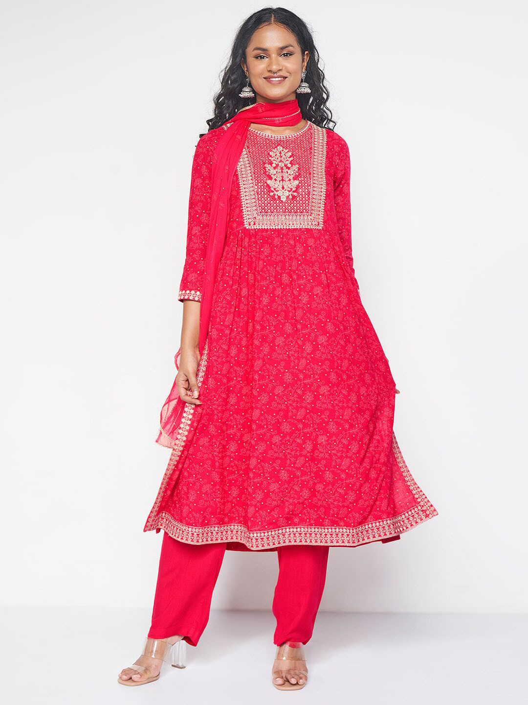Global Desi Embroidered Kurta with Palazzos & With Dupatta