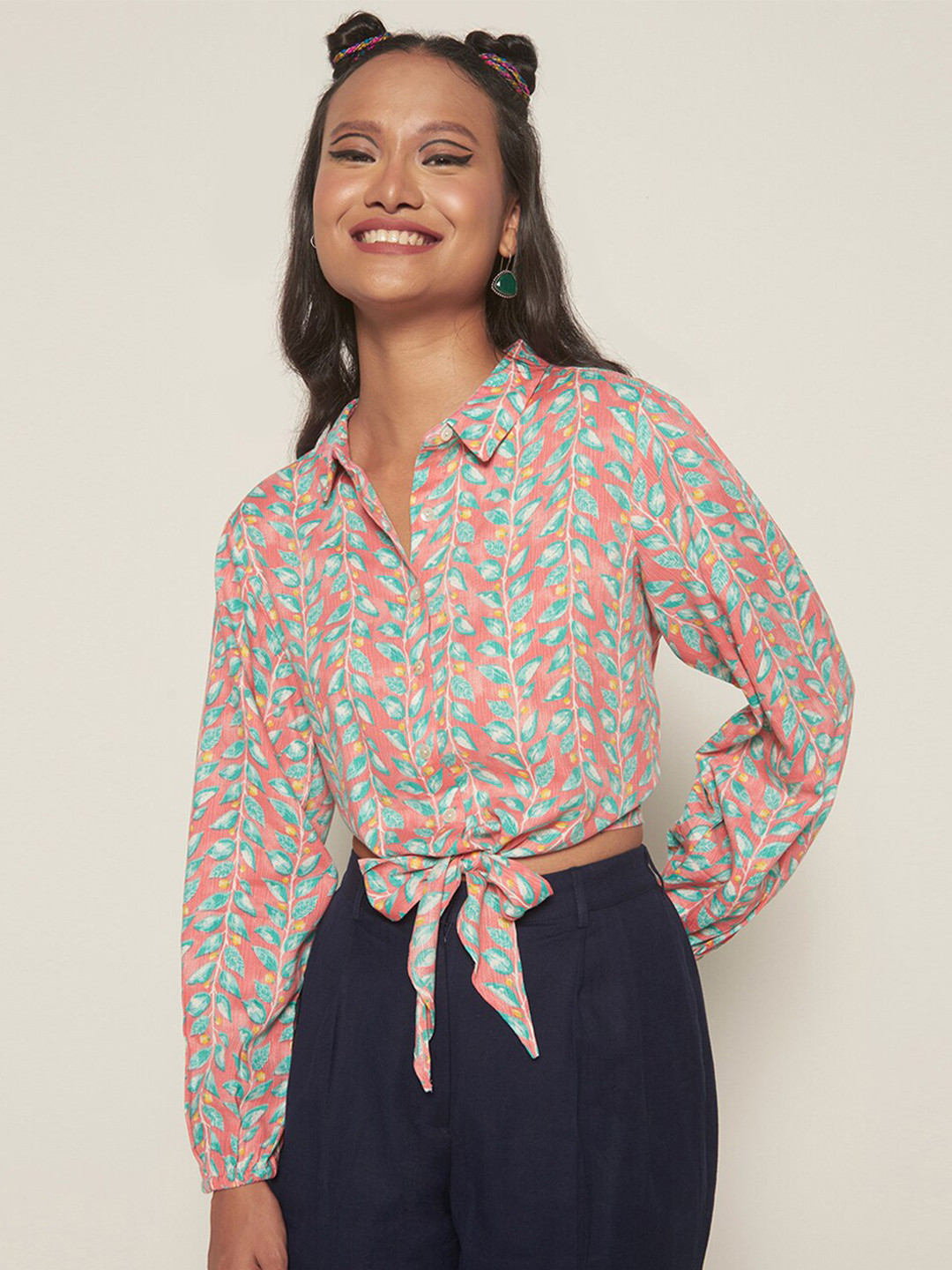 Global Desi Tropical Printed Shirt Style Crop Top