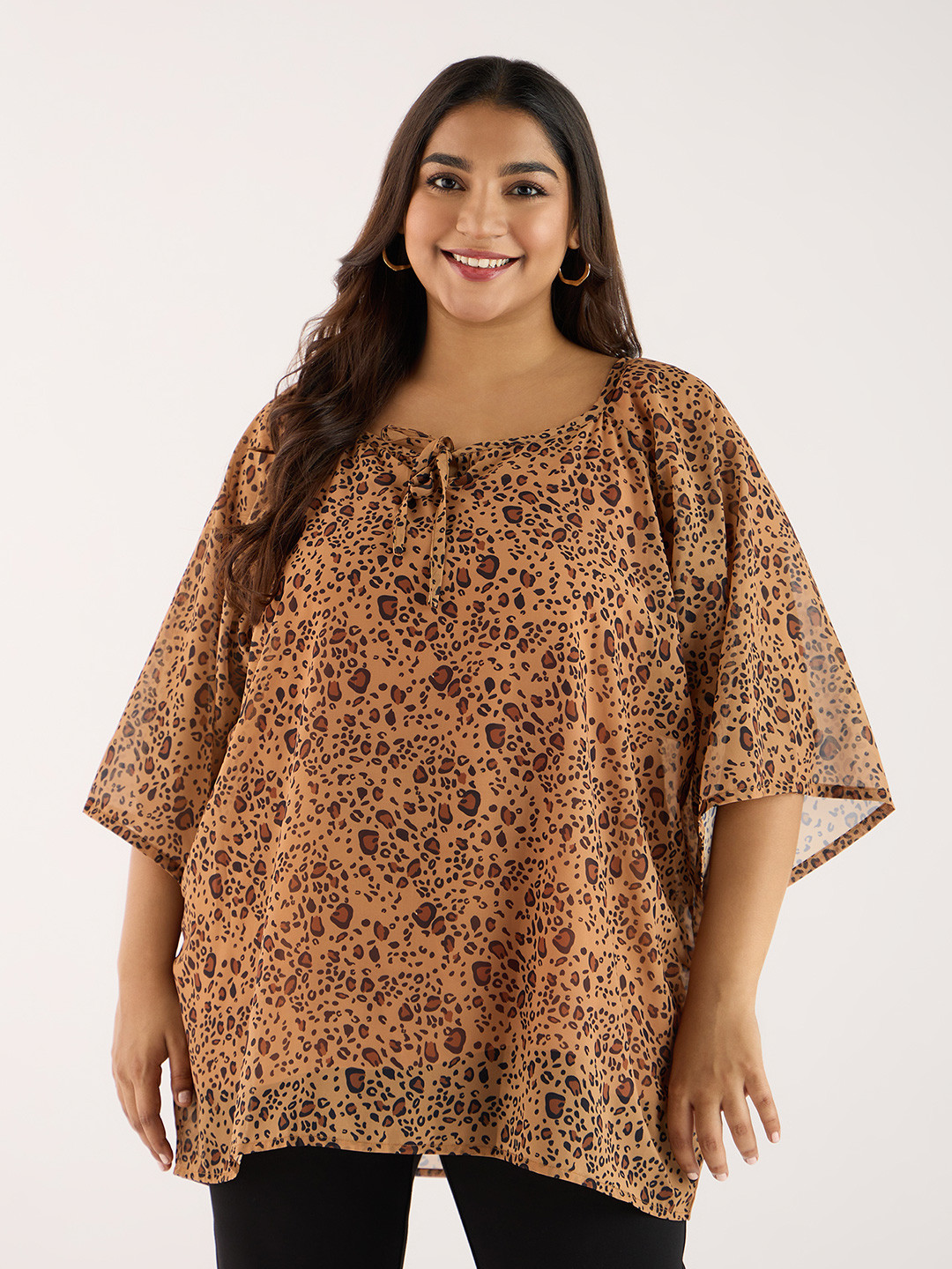 Big Hello - The Plus Life Animal Print Tie-Up Neck Top