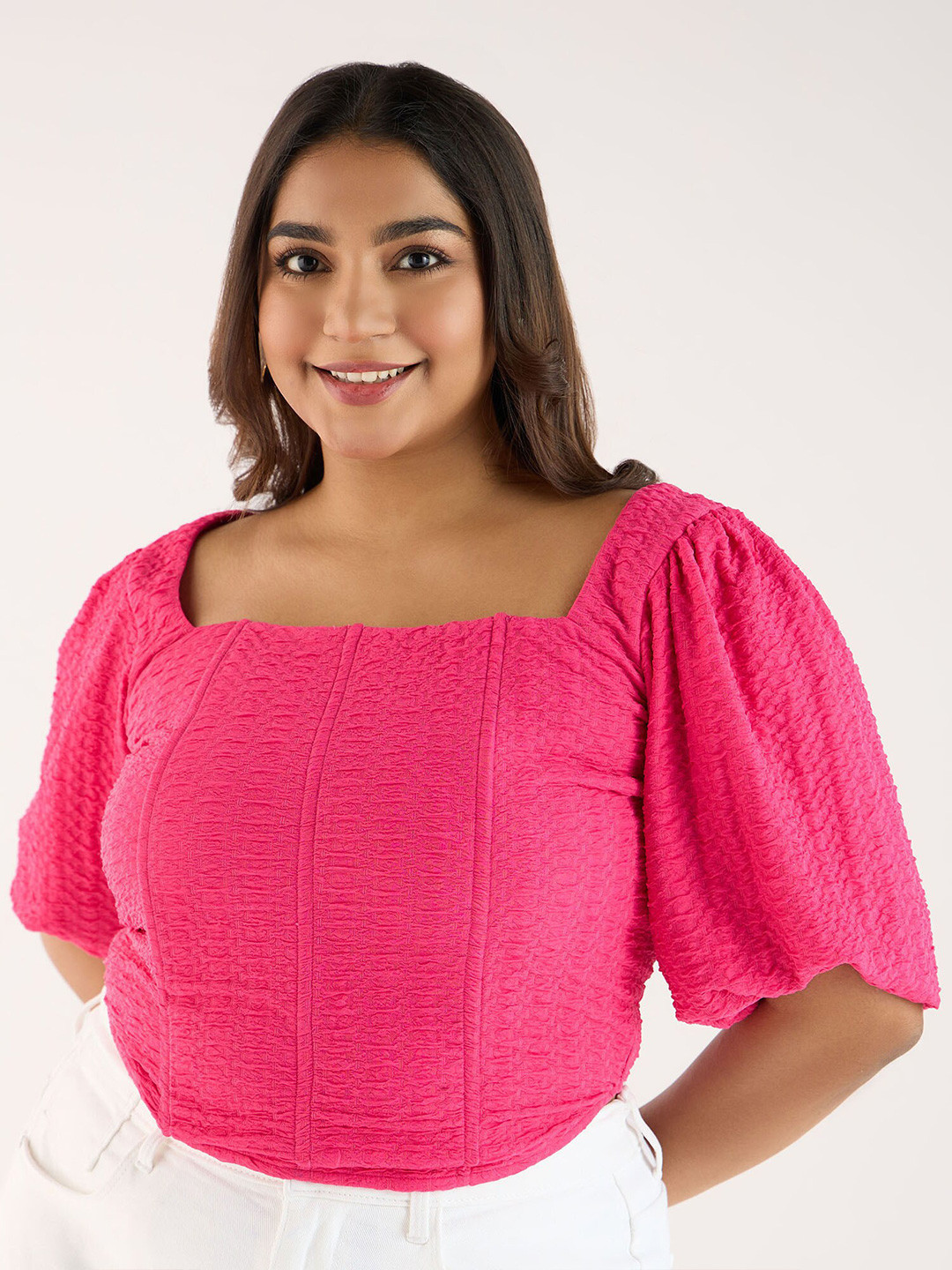 Big Hello - The Plus Life Self Design Puff Sleeves Square Neck Top
