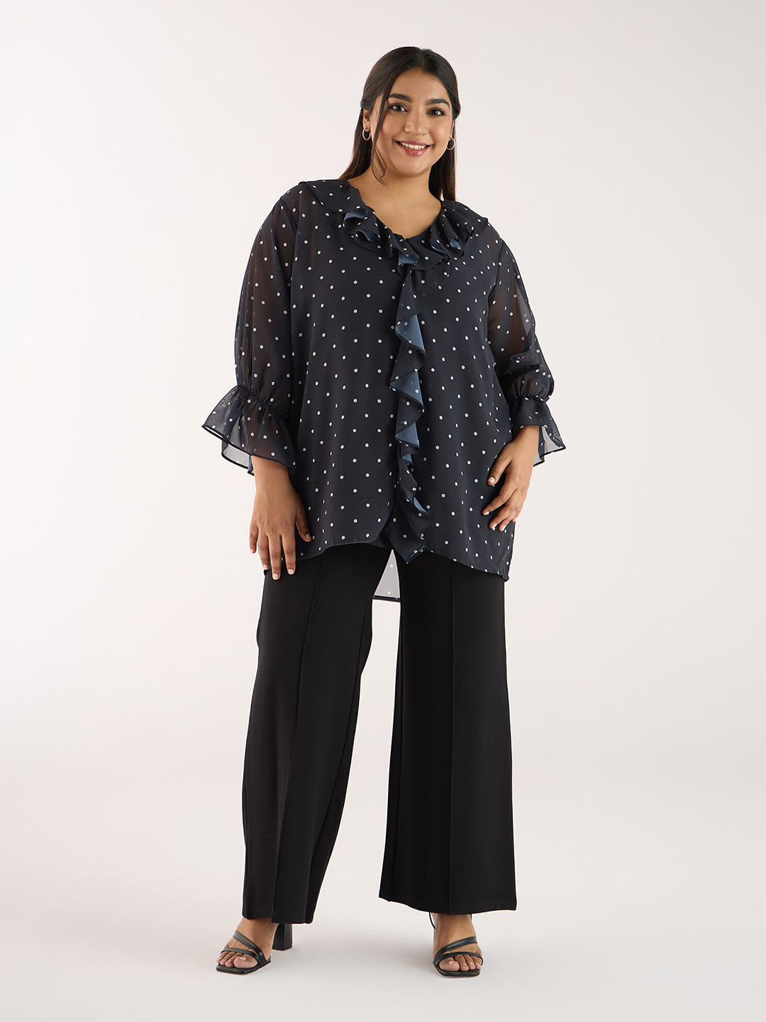 Big Hello - The Plus Life Polka Dot Print Round Neck Bell Sleeve Ruffle Neckline Shirt Style Top