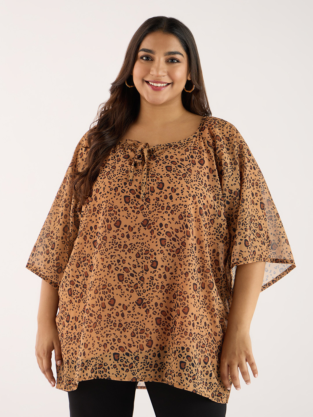 Big Hello - The Plus Life Animal Print Tie-Up Neck Top