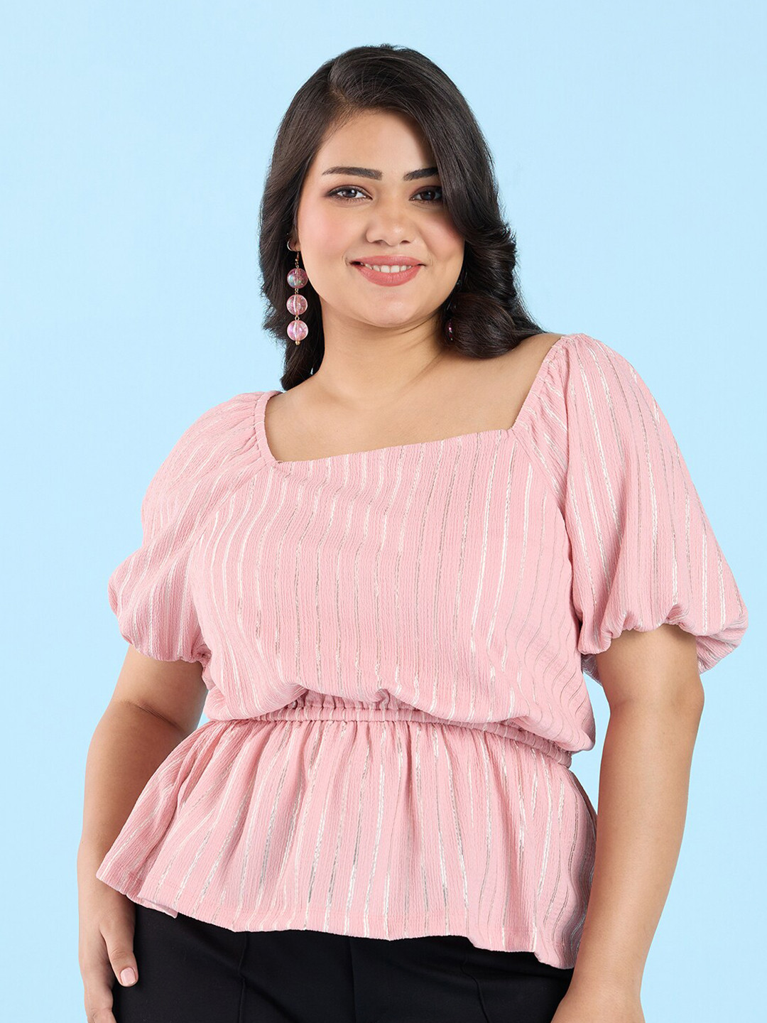 Big Hello - The Plus Life Striped Square Printed Puff Sleeve Cinched Waist Top