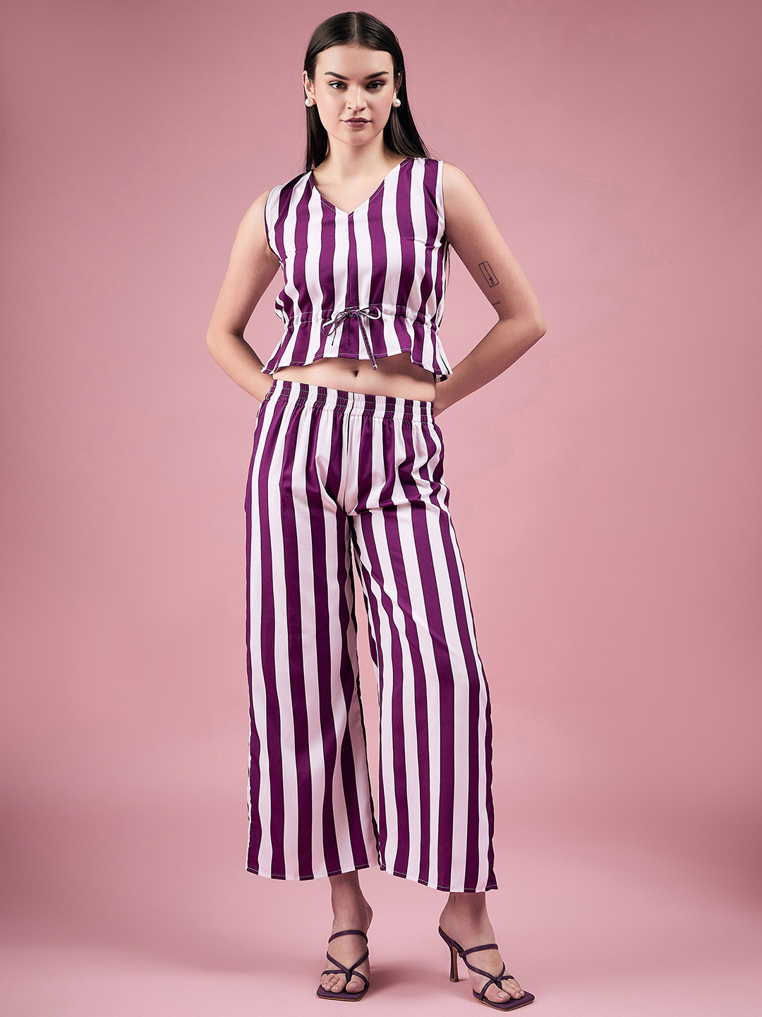DressBerry Stripe V-Neck Crop Top with Mid-Rise Trouser Co-Ords