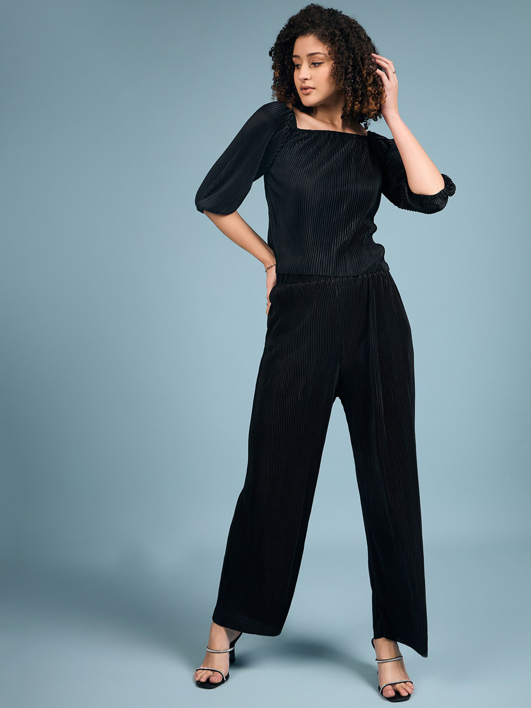 DressBerry Wrinkle Textured Black Off Shoulder Top & Palazzo Co-Ords