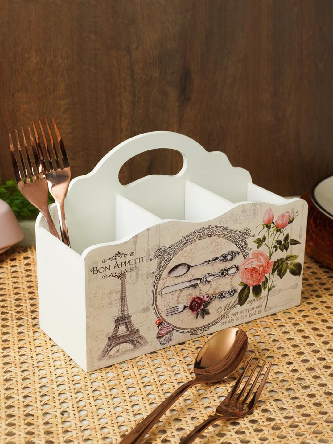 The Decor Mart Wooden Floral Caddy Cutlery Holder