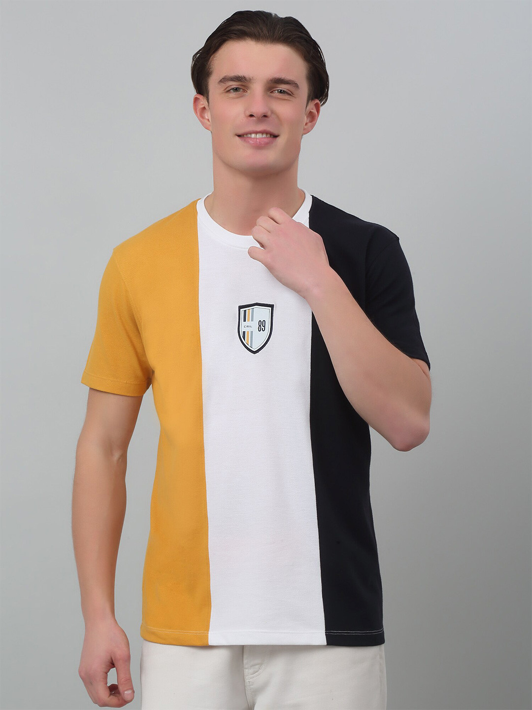 Cantabil Colourblocked Round Neck Half Sleeves Cotton T-Shirt