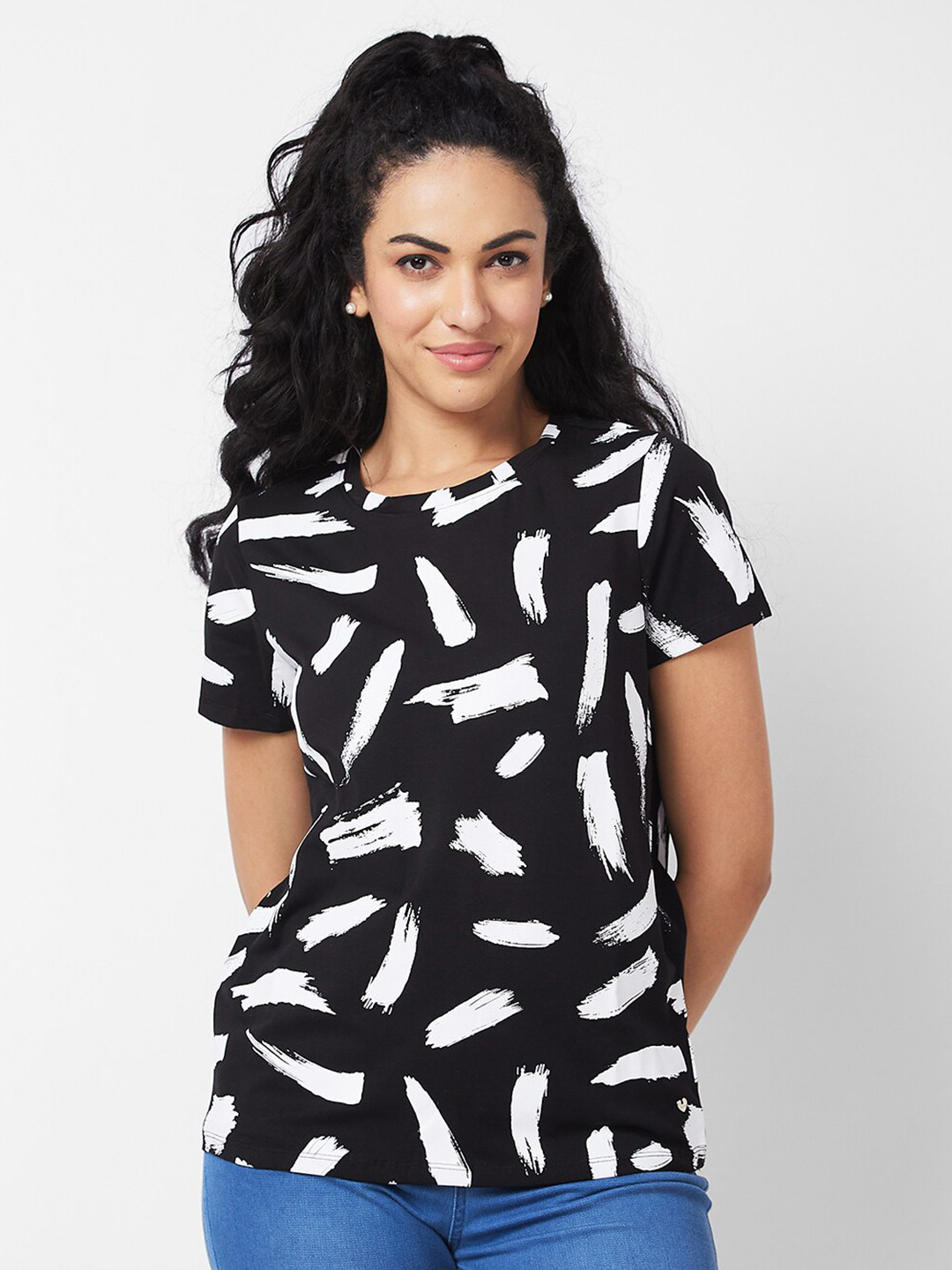 SPYKAR Abstract Printed Round Neck Half Sleeves Cotton Casual T-shirt