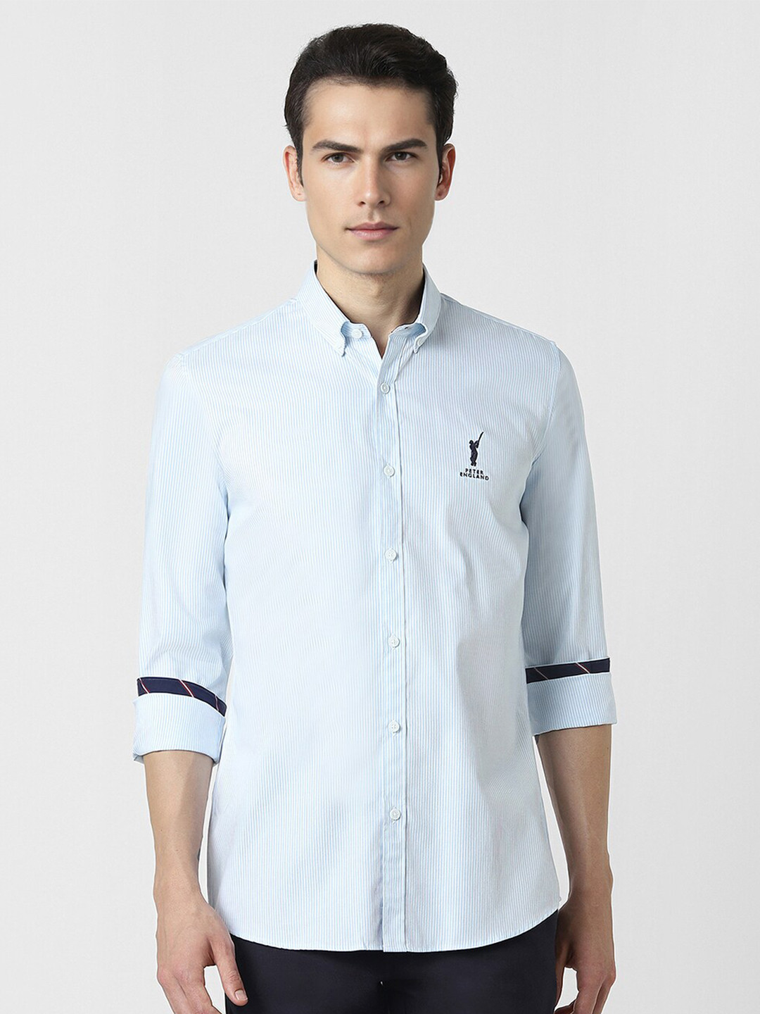 Peter England Casuals Button Down Collar Long Sleeves Slim Fit Striped Cotton Casual Shirt