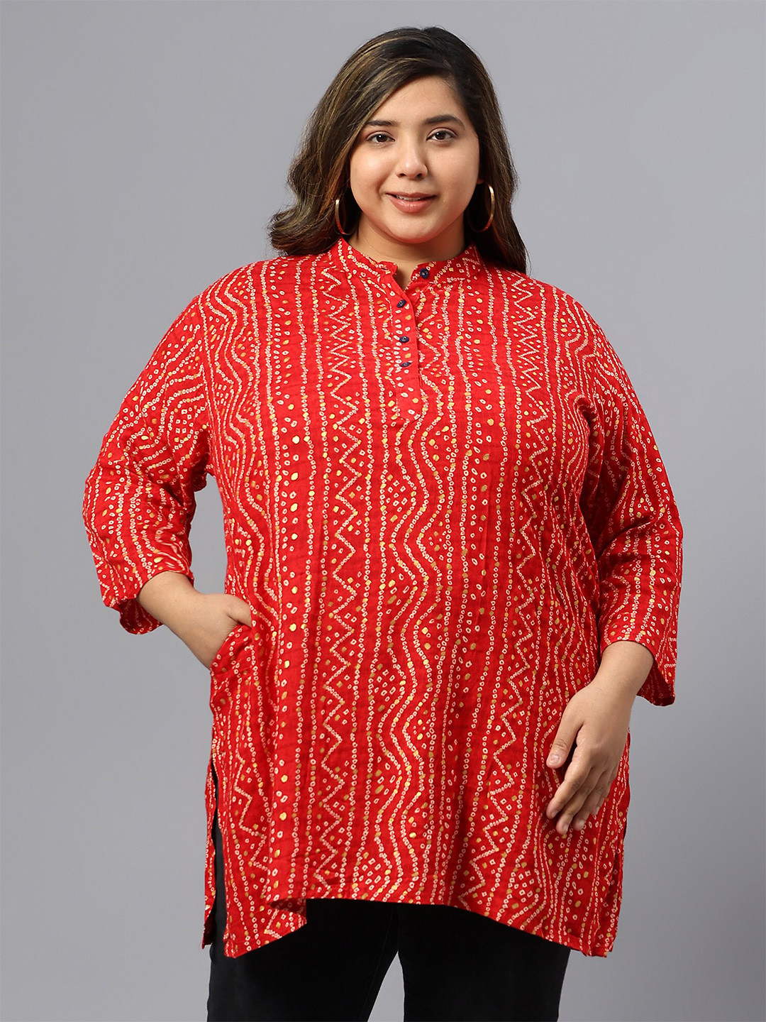Indietoga Plus Size Print Mandarin Collar Three-Quarter Sleeves Longline Top