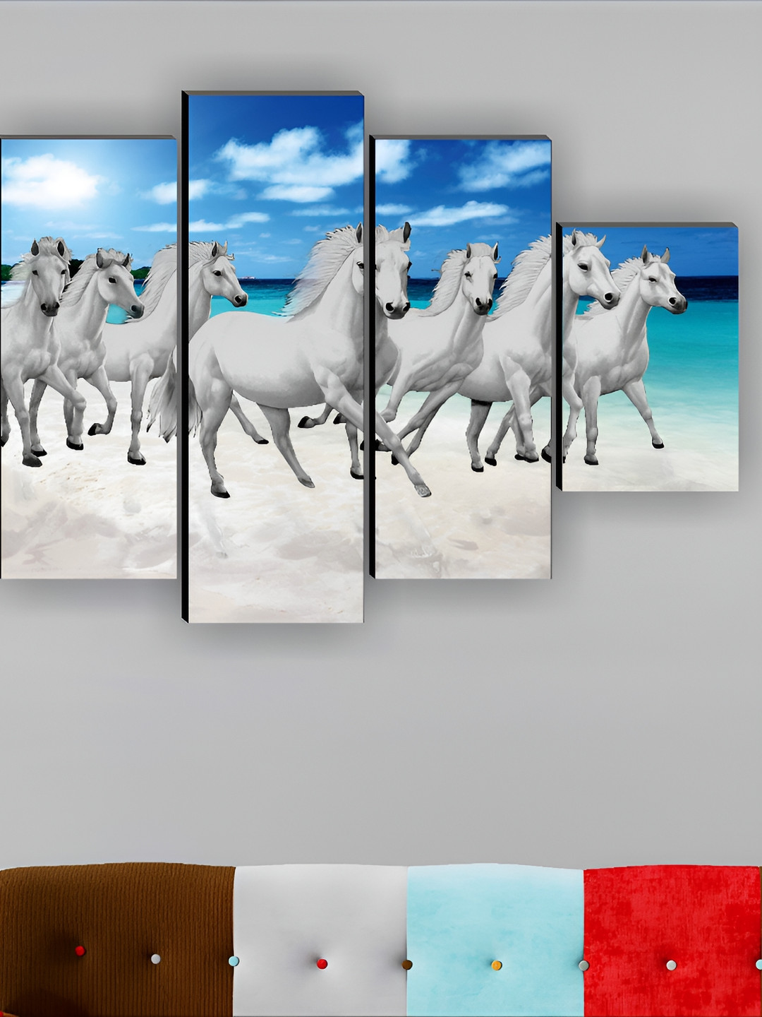 SAF Seven Running Horses Synthetic Wood 5 Piece Wall Rectangle Paintings Wall Art