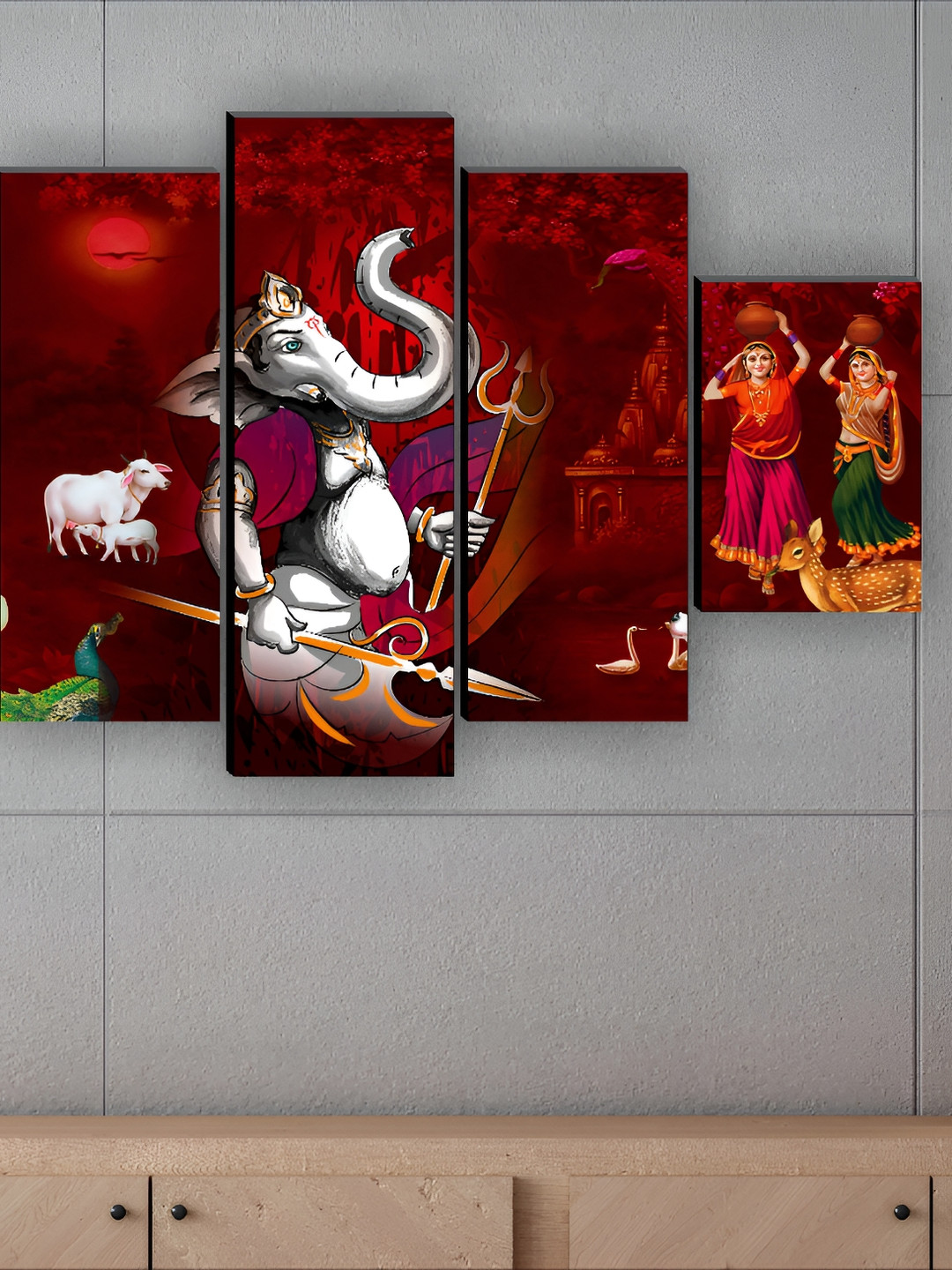 SAF Red & White 5 Pieces Synthetic Wood Religious Wall Paintings
