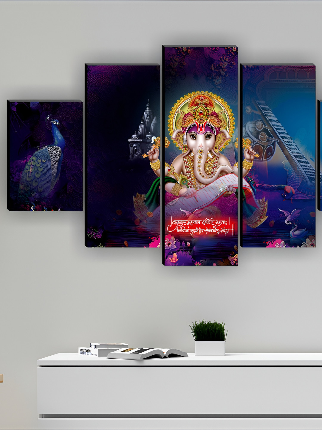 SAF Blue & Pink 5 Piece Synthetic Wood Ganesha Religious Wall Paintings