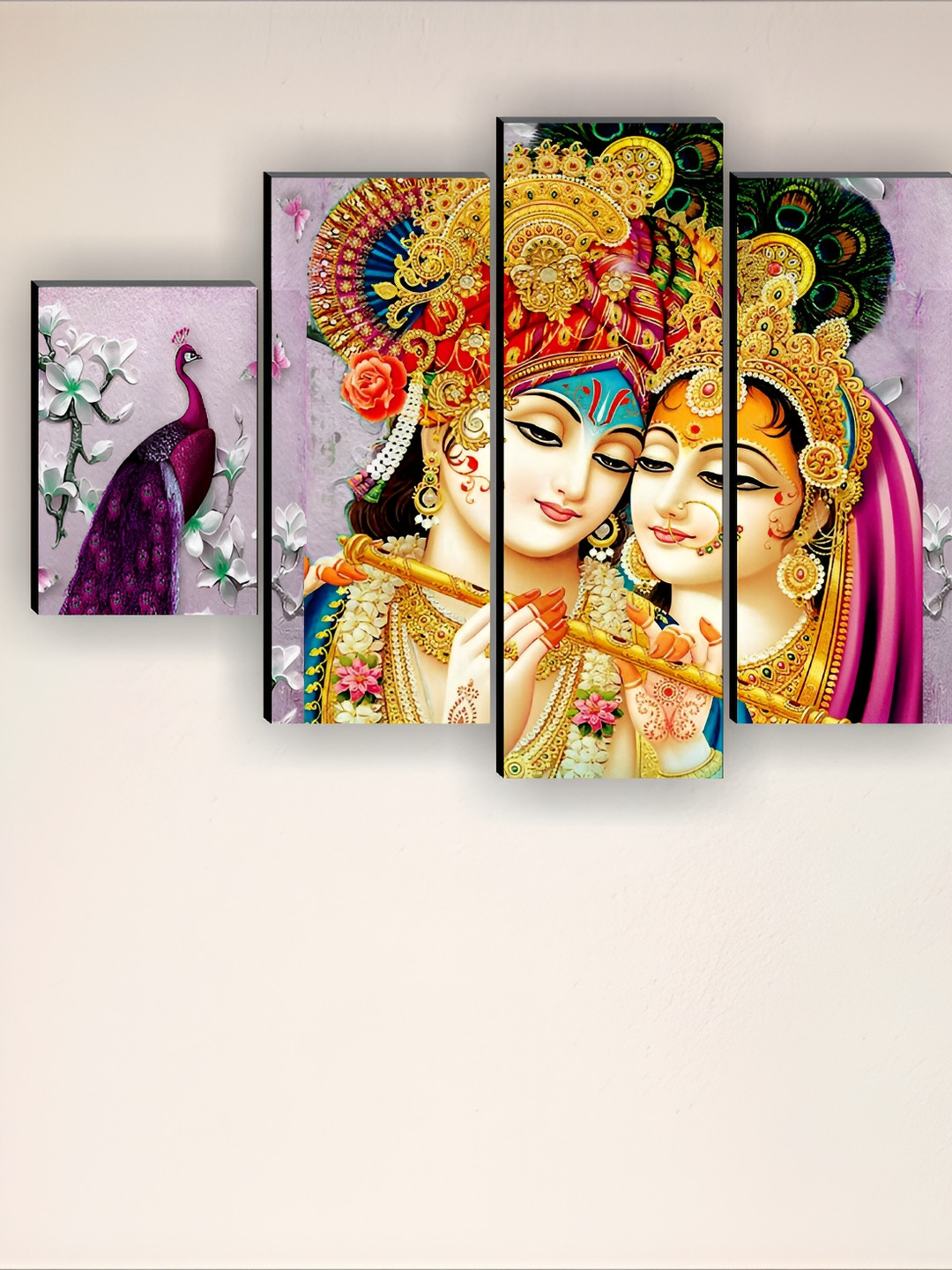 SAF Gold Toned & Purple 5 Pieces Radha Krishna Wood Religious Wall Paintings