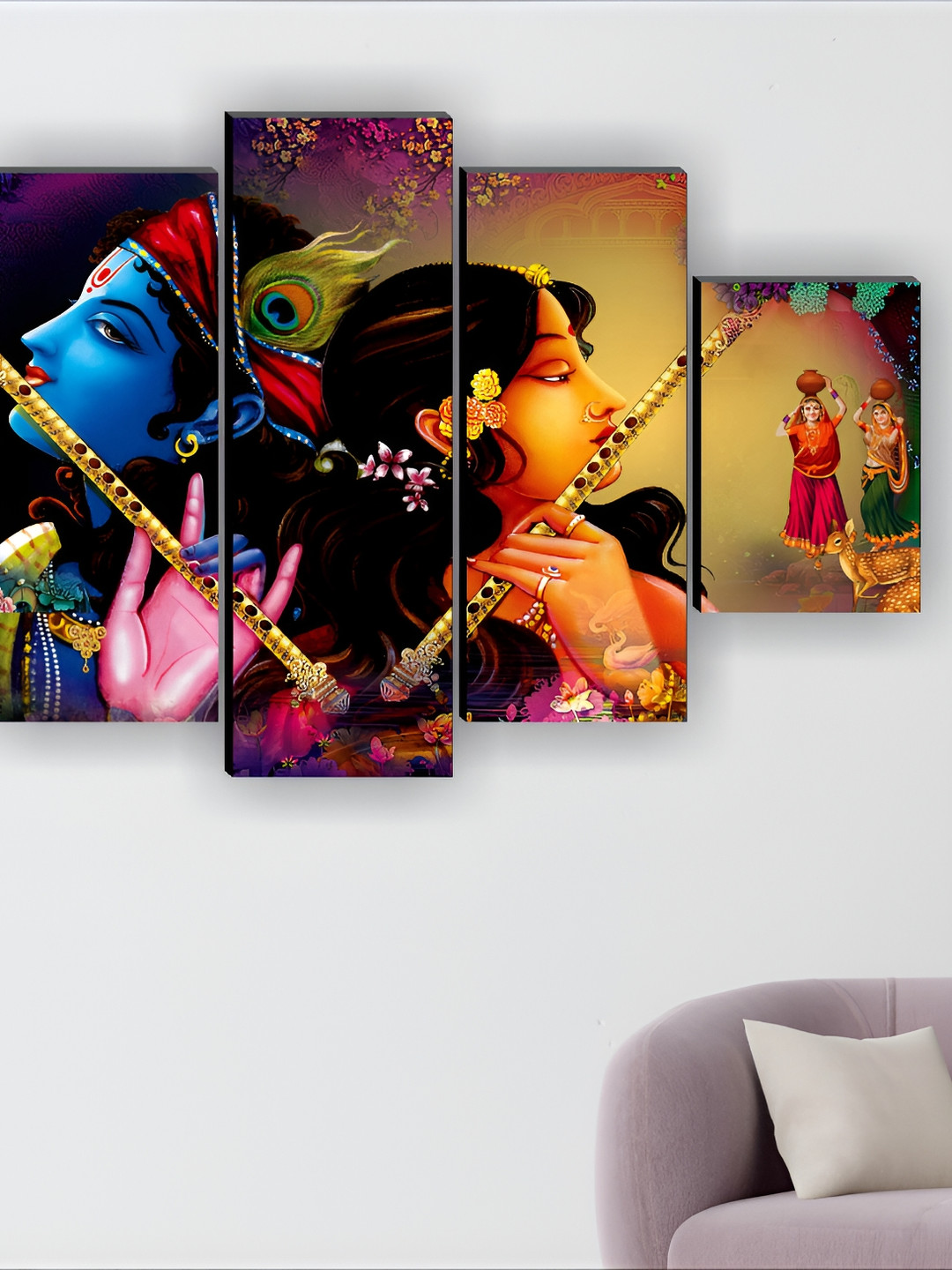 SAF Blue & Orange 5 Pieces Synthetic Wood Religious Wall Paintings