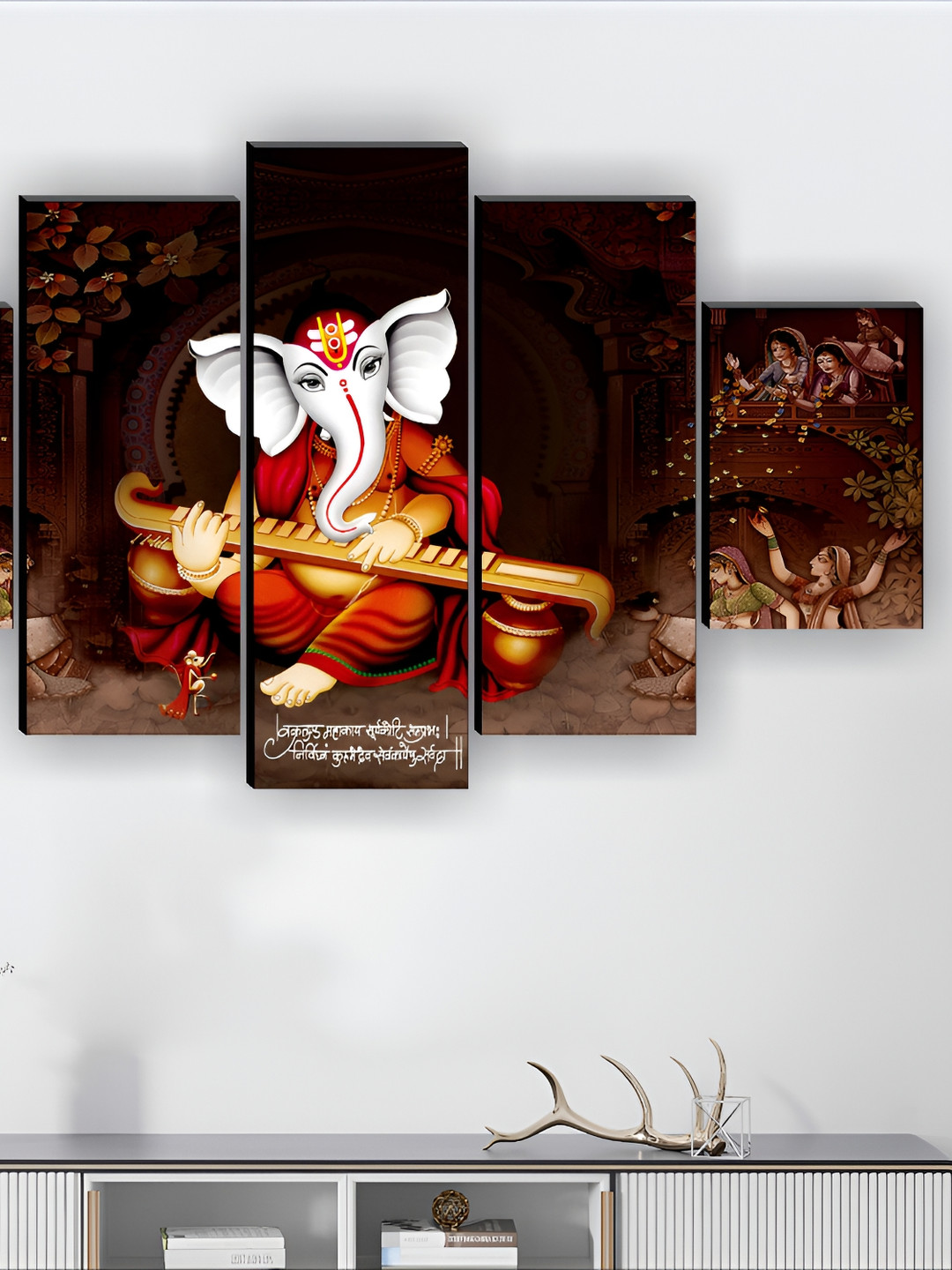 SAF Brown & Orange 5 Pieces Synthetic Wooden Religious Wall Paintings