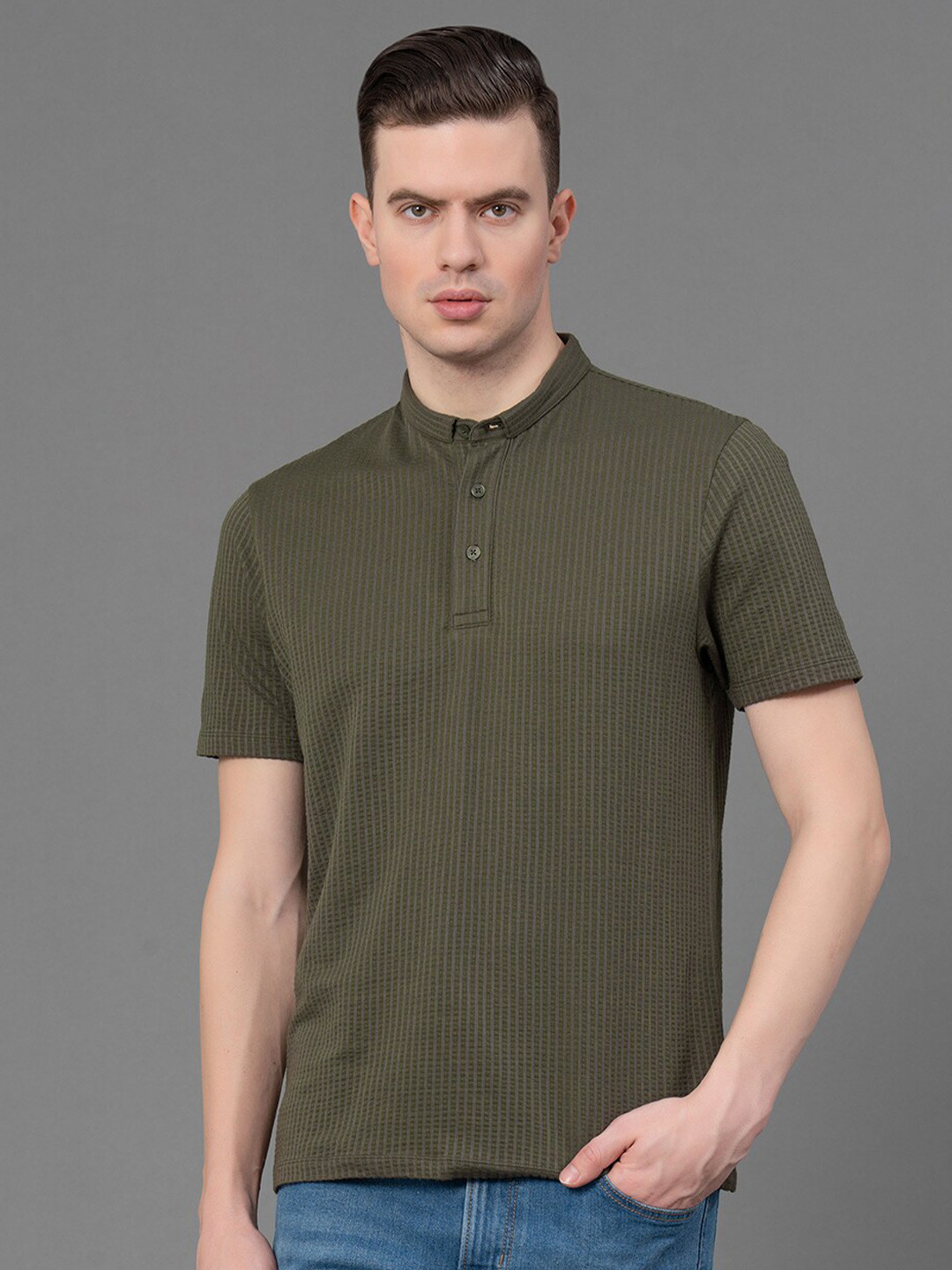 Red Tape Striped Mandarin Collar Cotton T-shirt