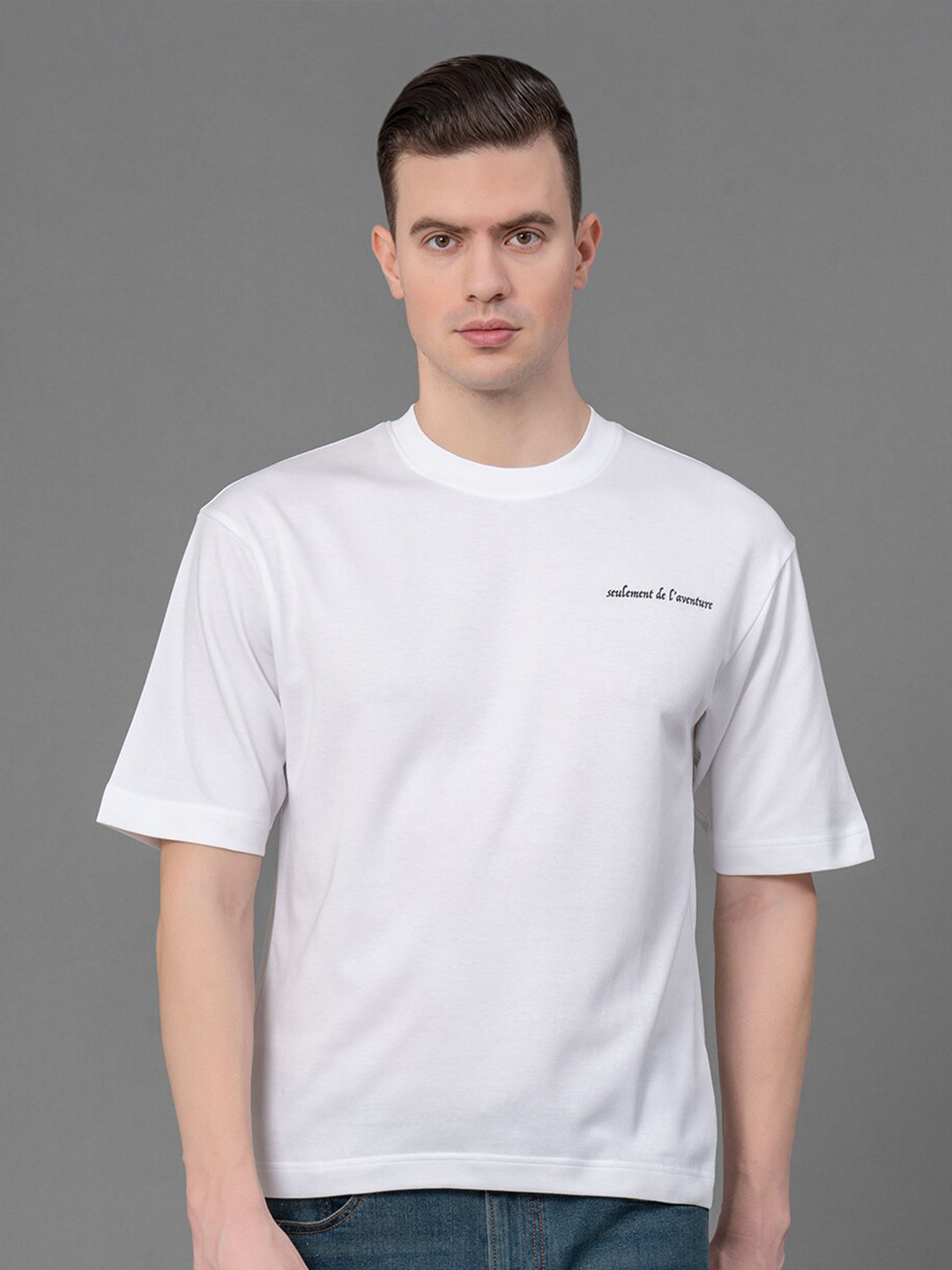 Red Tape Typography Printed Round Neck Anti-Microbial Oversized T-shirt