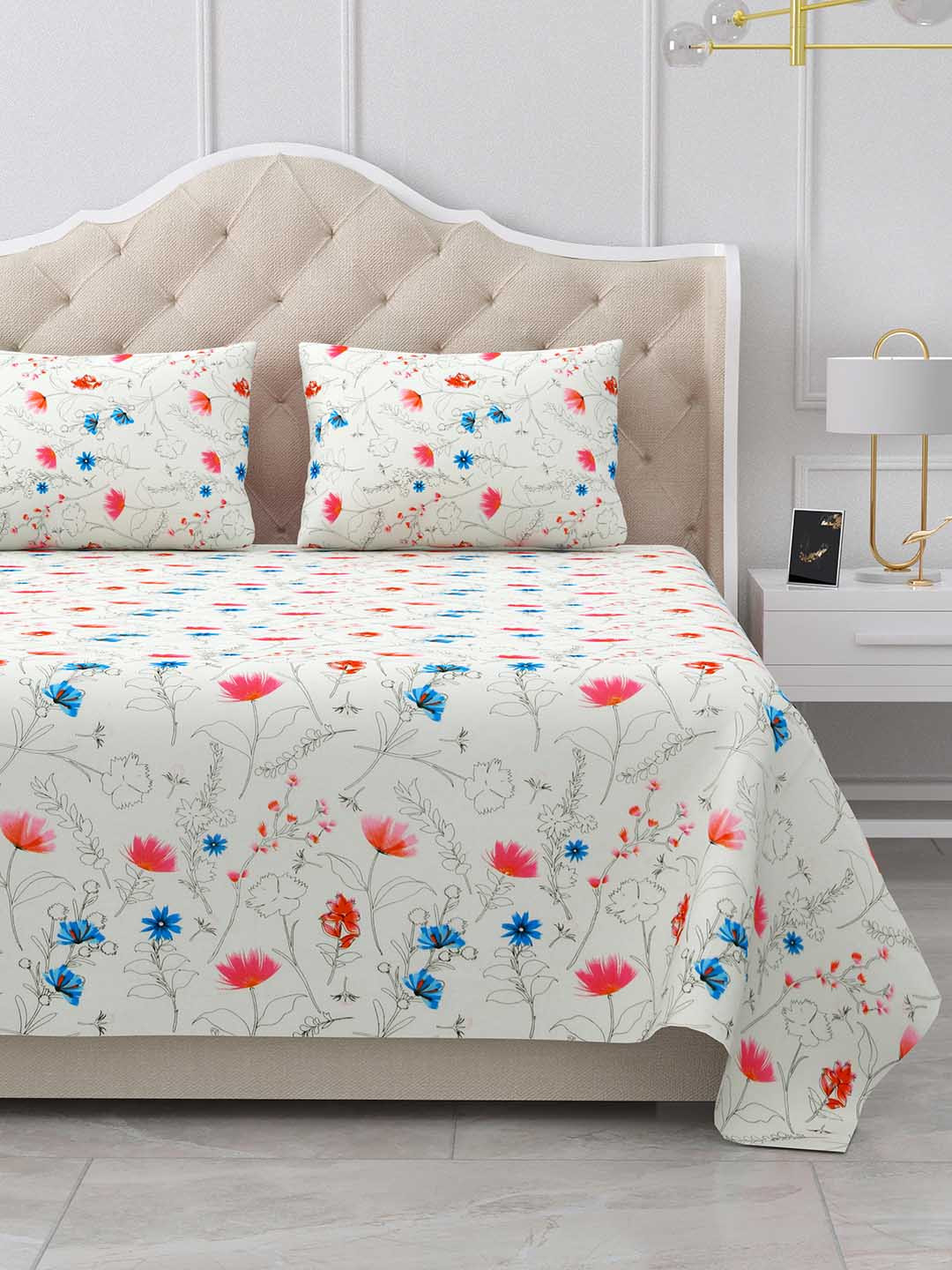 BELLA CASA Cream Floral Pure Cotton 180 TC King Fine Bedsheet with 2 Pillow Covers-88 x 108 inches