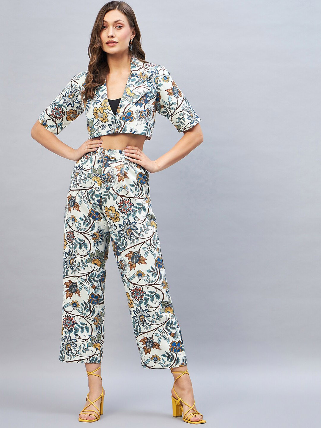 DELAN Floral-Printed Crop Blazer With High-Rise Trousers Co-Ords