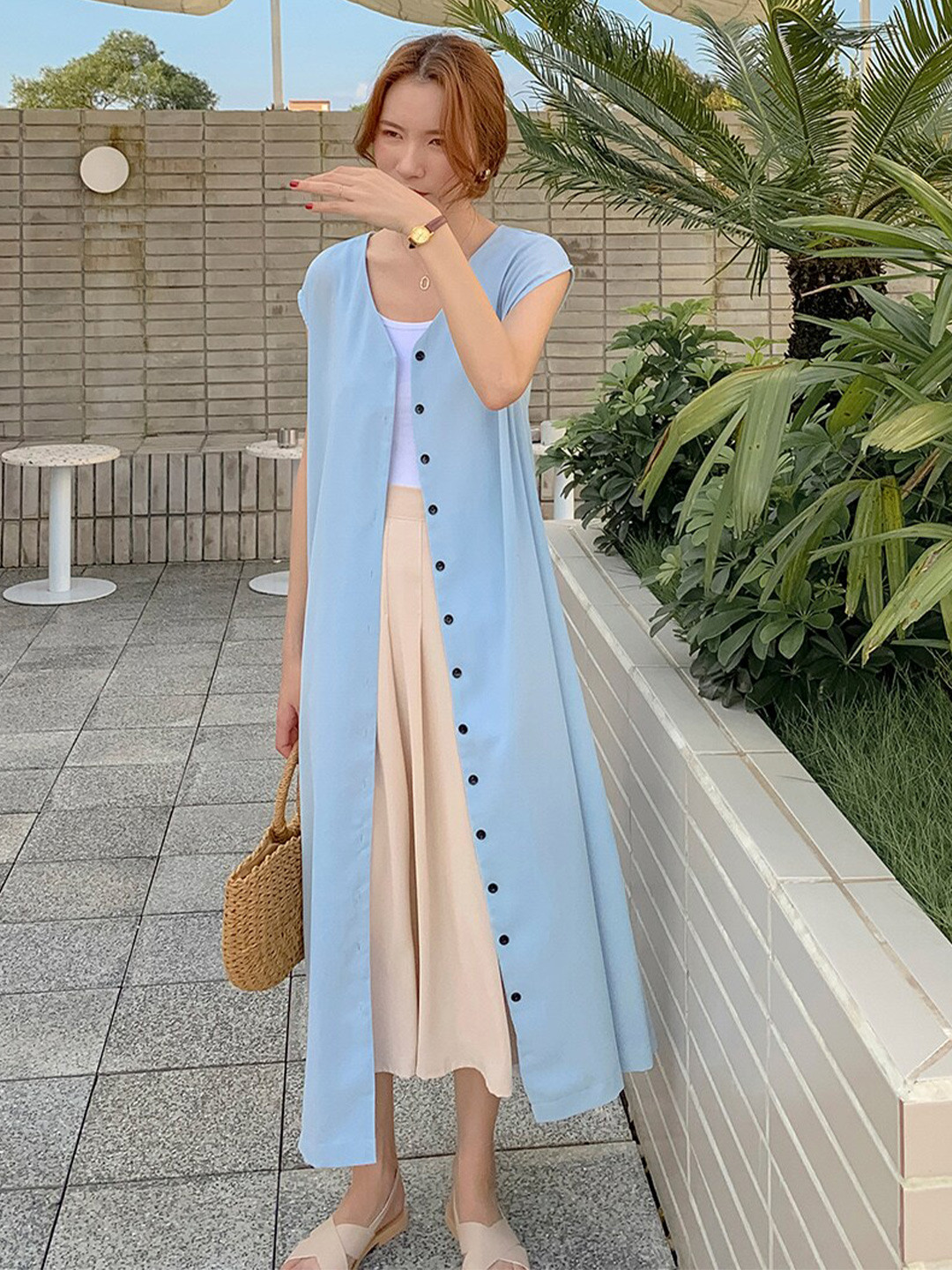 JC Mode Short Sleeves Straight Longline Button Shrug