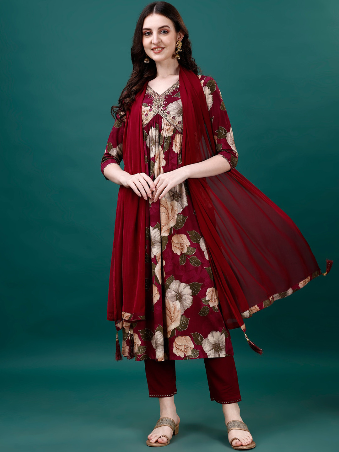 KALINI Floral Printed Beads & Stones Empire Alia Cut Kurta with Trousers & With Dupatta