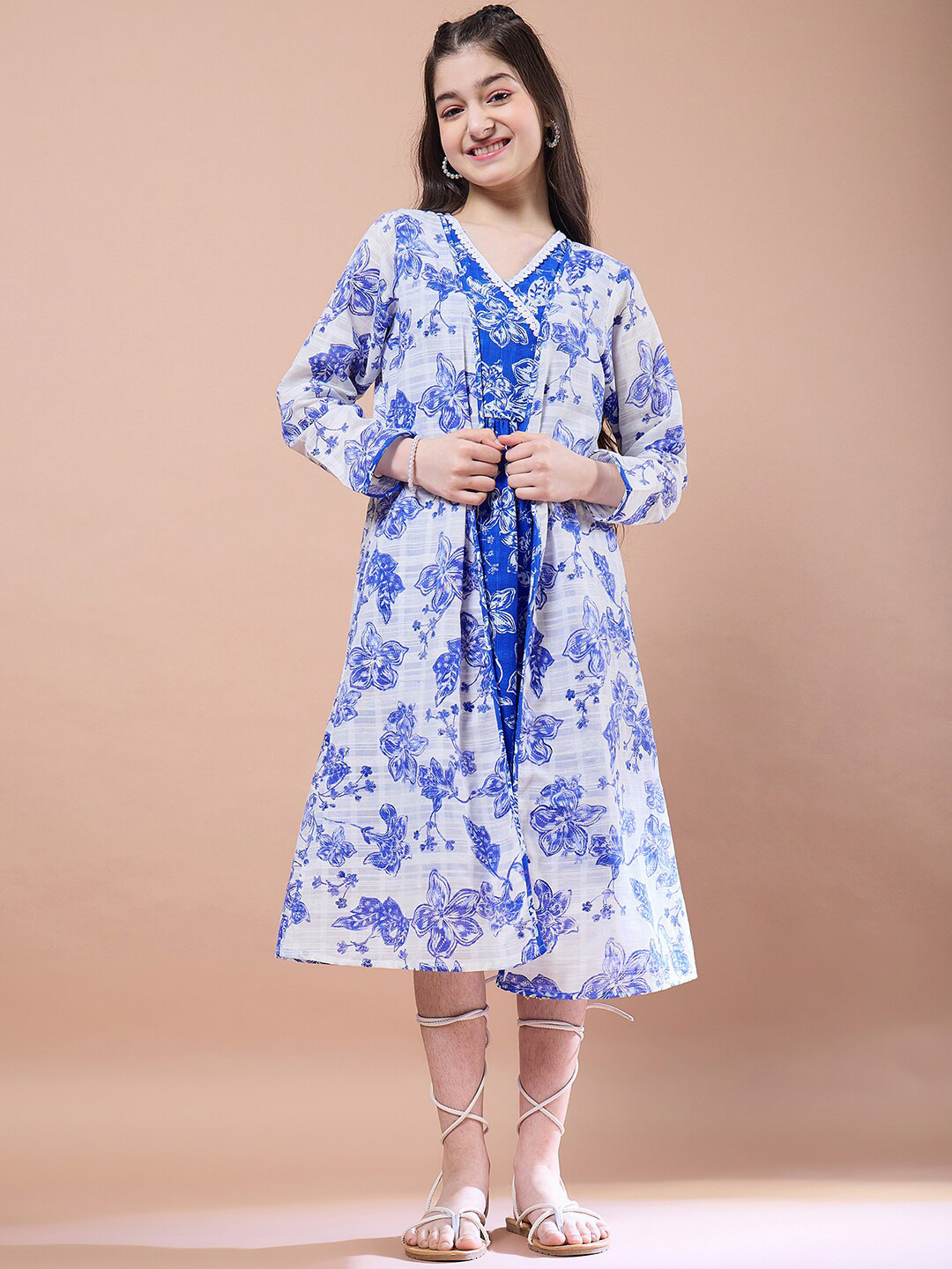 pspeaches Girls Floral Print V-Neck Long Sleeves A-Line Midi Dress With Shrug