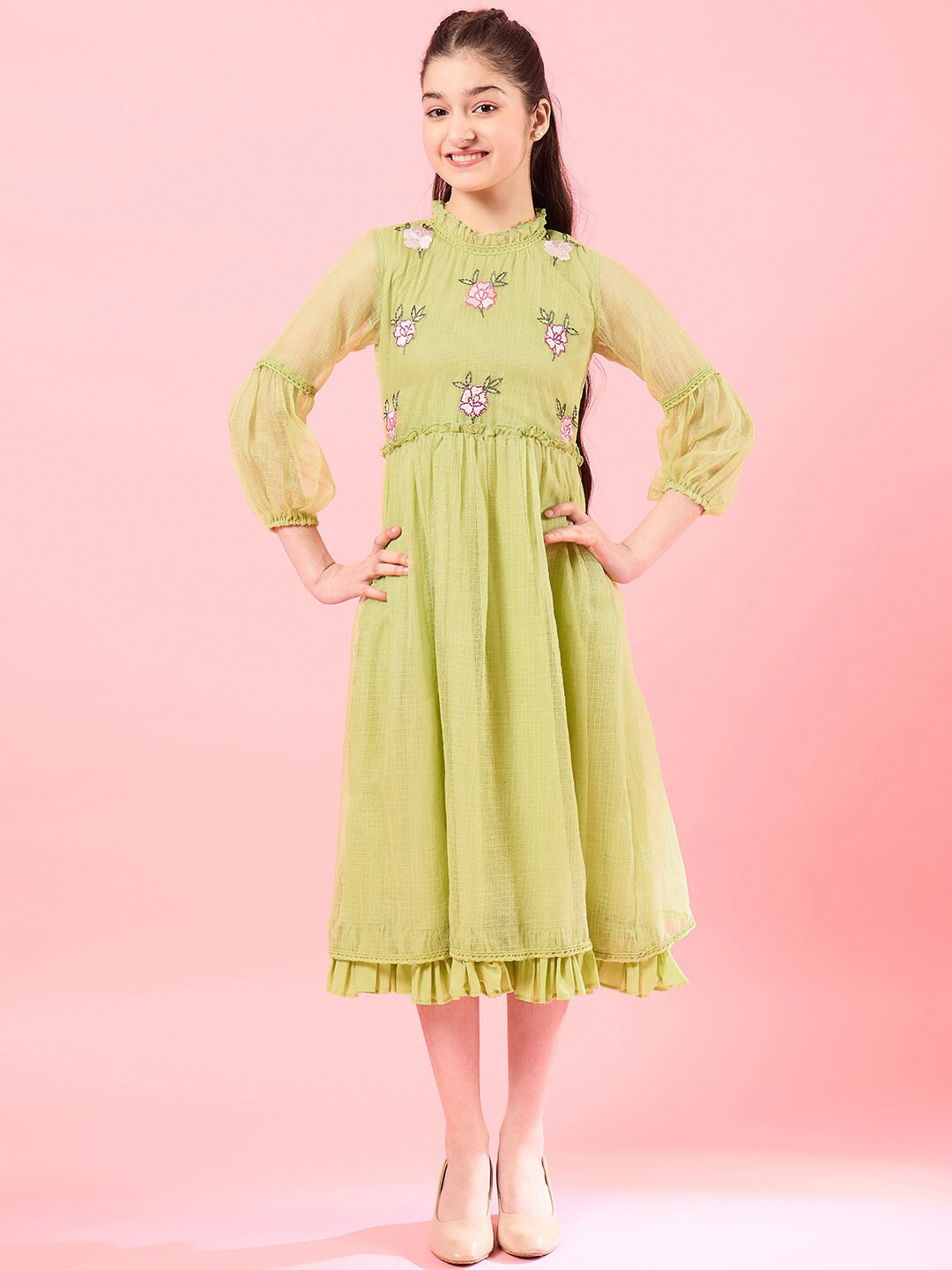 pspeaches Girls High Neck Puff Sleeves Fit & Flare Opaque Midi Casual Dress