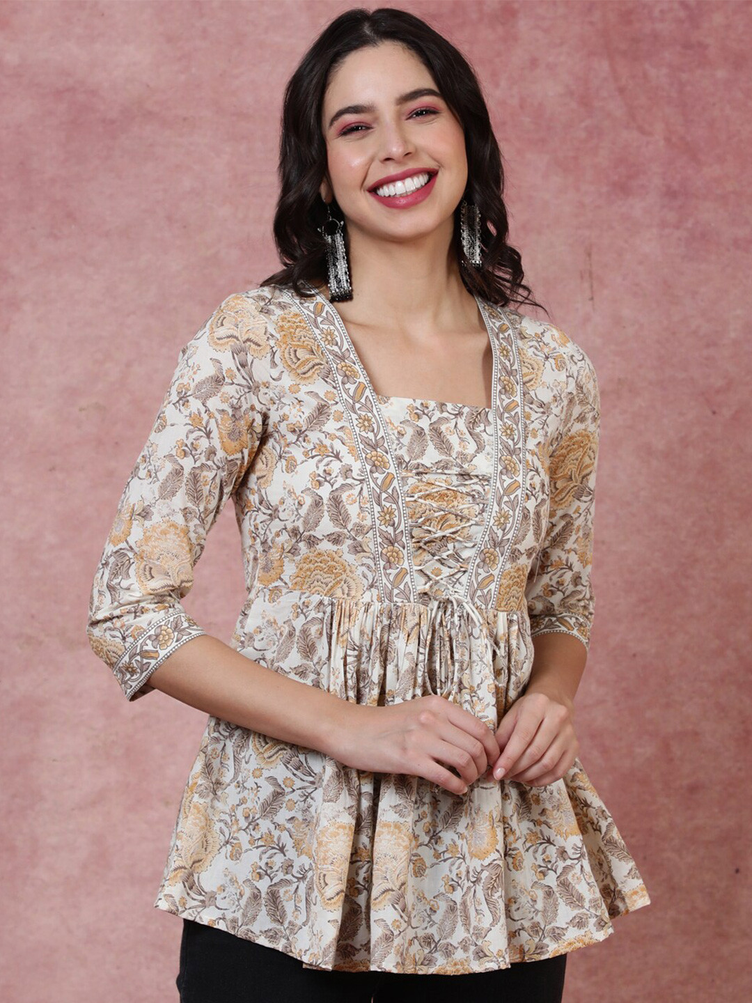 GULMOHAR JAIPUR Floral Print Square Neck Cotton Top