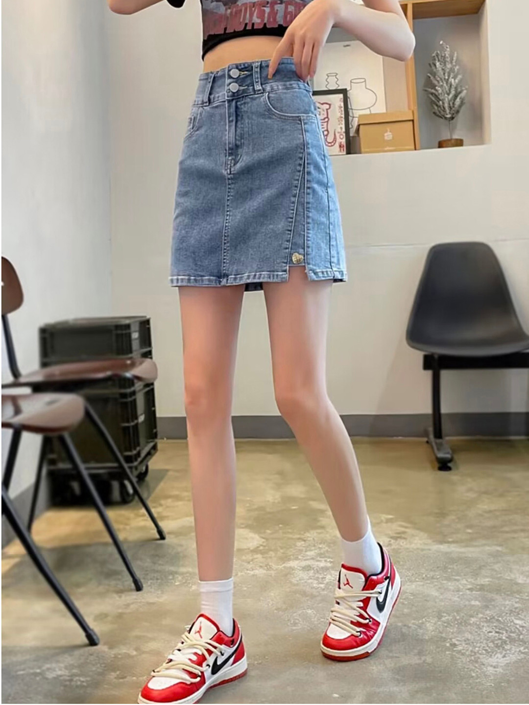LULU & SKY Washed Mini Straight Denim Skirt With Attached Shorts