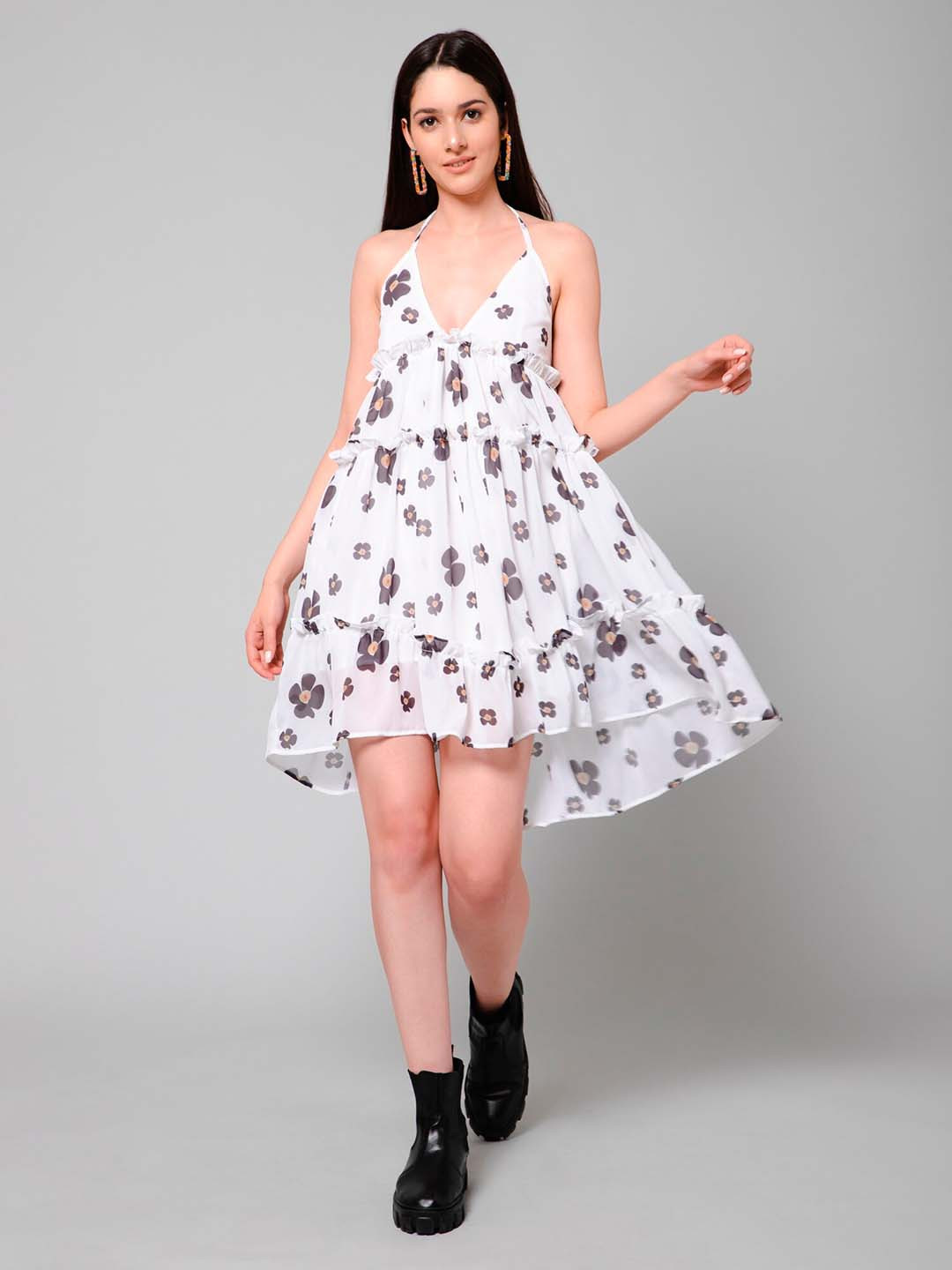 HAUTEQUE Floral Printed Shoulder Straps Fit & Flare Dress