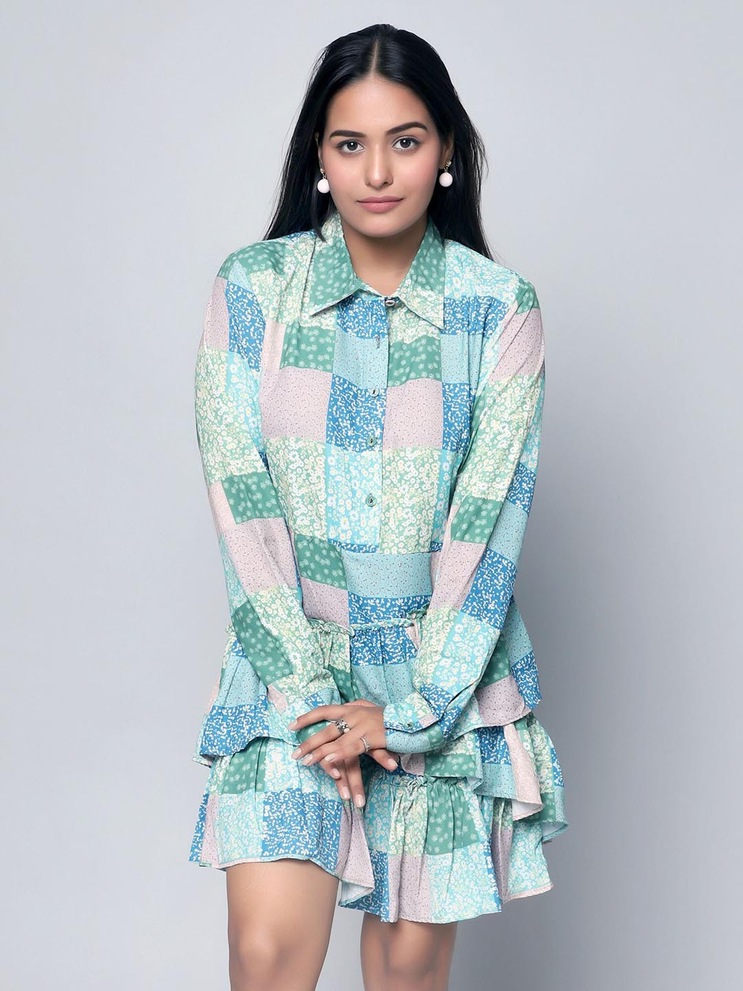 HAUTEQUE Hestia Printed Long Sleeves Layered Shirt Dress