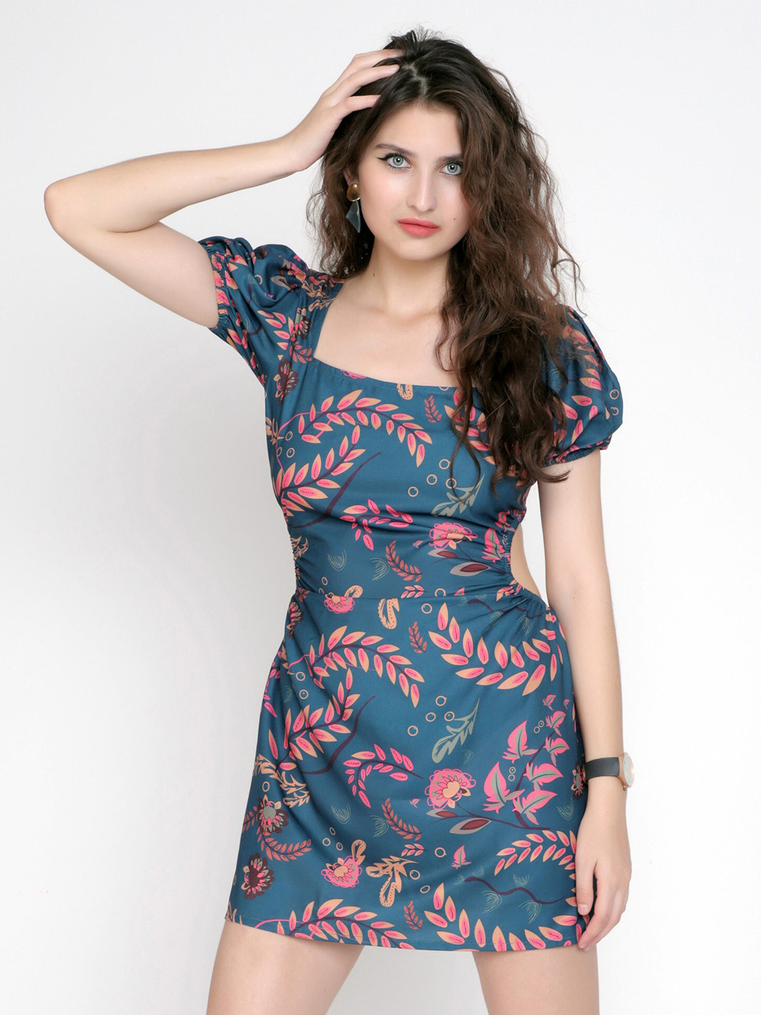 HAUTEQUE Floral Printed Square Neck Tie-Ups Back Detail Sheath Mini Dress