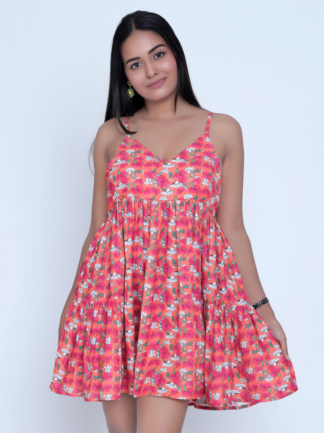 HAUTEQUE Floral Print Shoulder Straps V-Neck Fit & Flare Dress