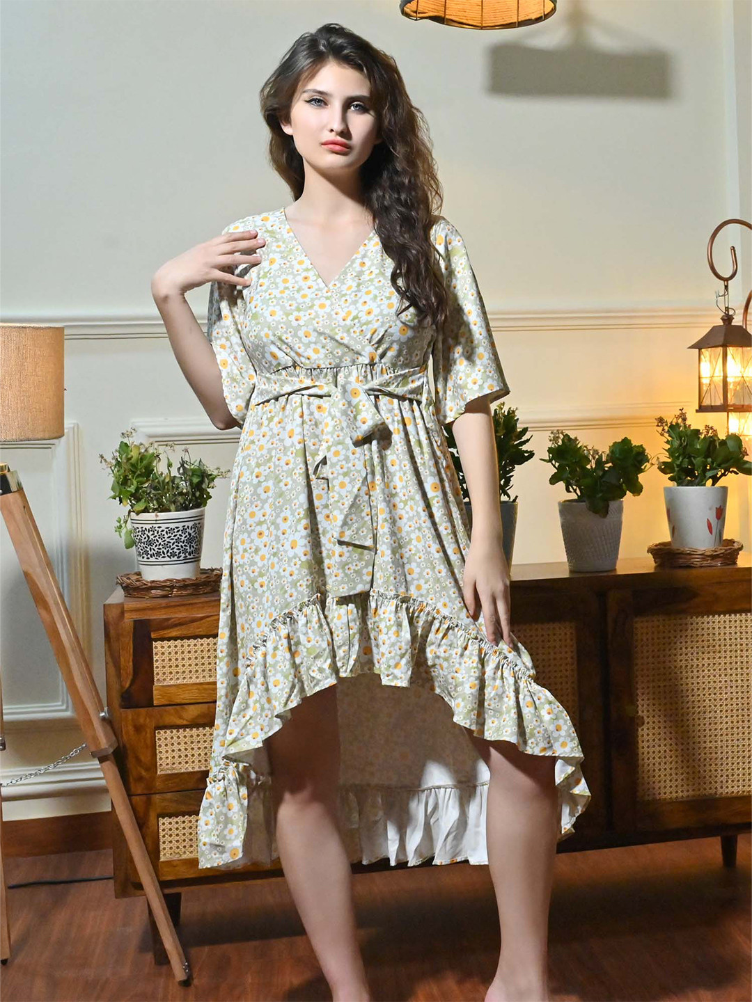 HAUTEQUE Floral Printed V-Neck High-Low Wrap Dress