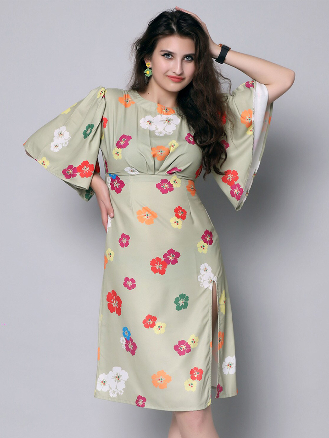 HAUTEQUE Floral Printed Straight Flared Sleeve Empire Dress