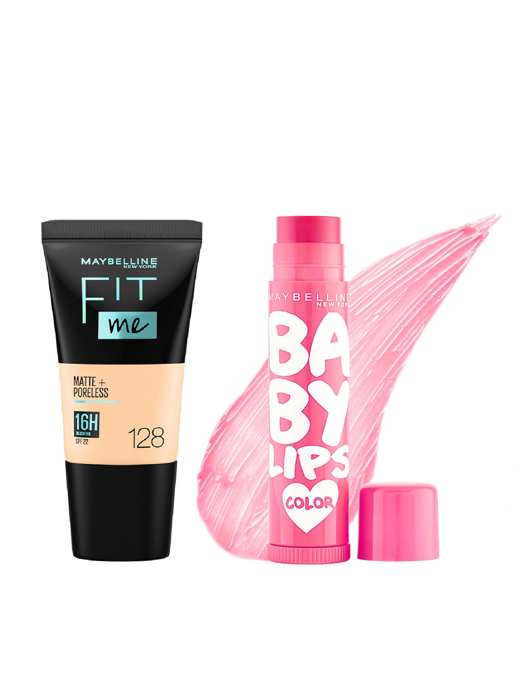 Maybelline New York Baby Lips Balm- Pink Lolita & Fit Me Matte+Poreless Foundation- 128