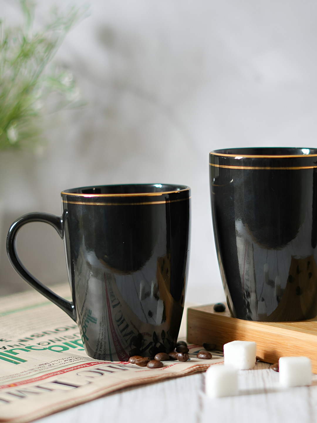 Femora Black 2 Pieces Ceramic Dishwasher Safe Glossy Mugs 360 ml Each