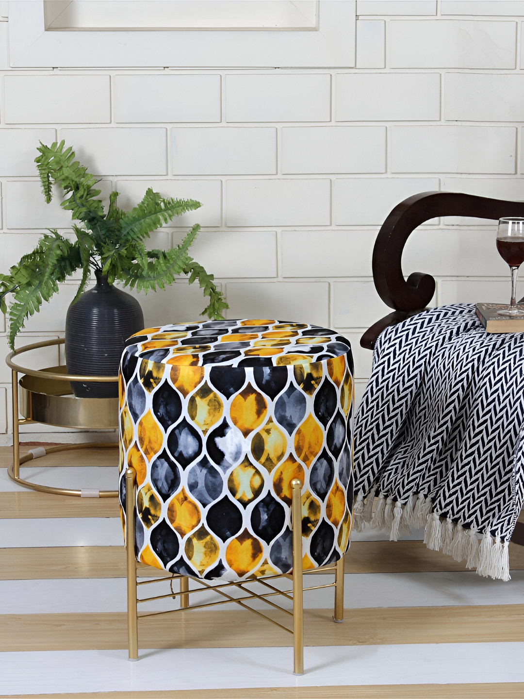 Shadowkart Yellow & Blue Printed Wooden Ottoman Pouffes Sitting Mudda Puffies Stool