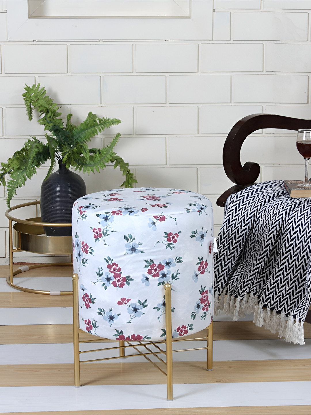 Shadowkart White & Pink Velvet Pouffe Sitting Ottomans