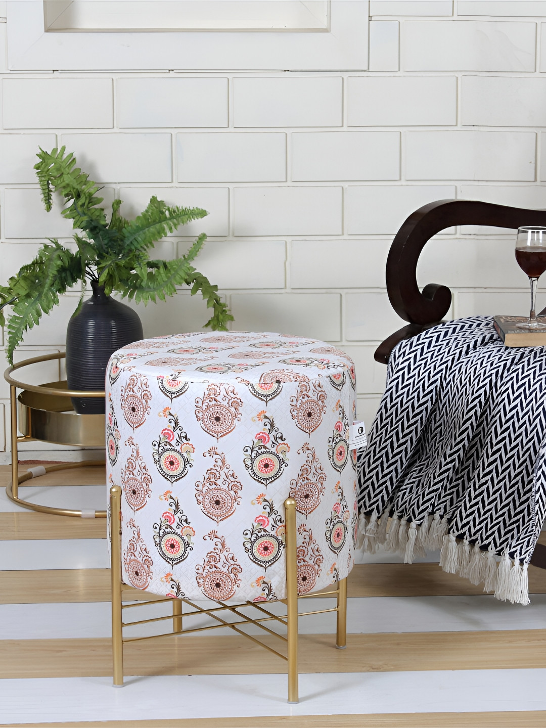 Shadowkart Ethnic Motifs Print Wooden & Velvet Stool Ottoman