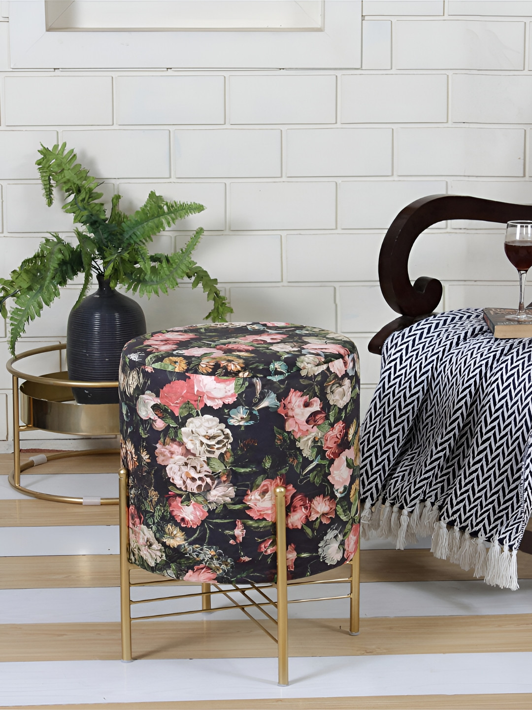 Shadowkart Black & Pink Floral Printed Round-Shaped Velvet Sitting Ottoman