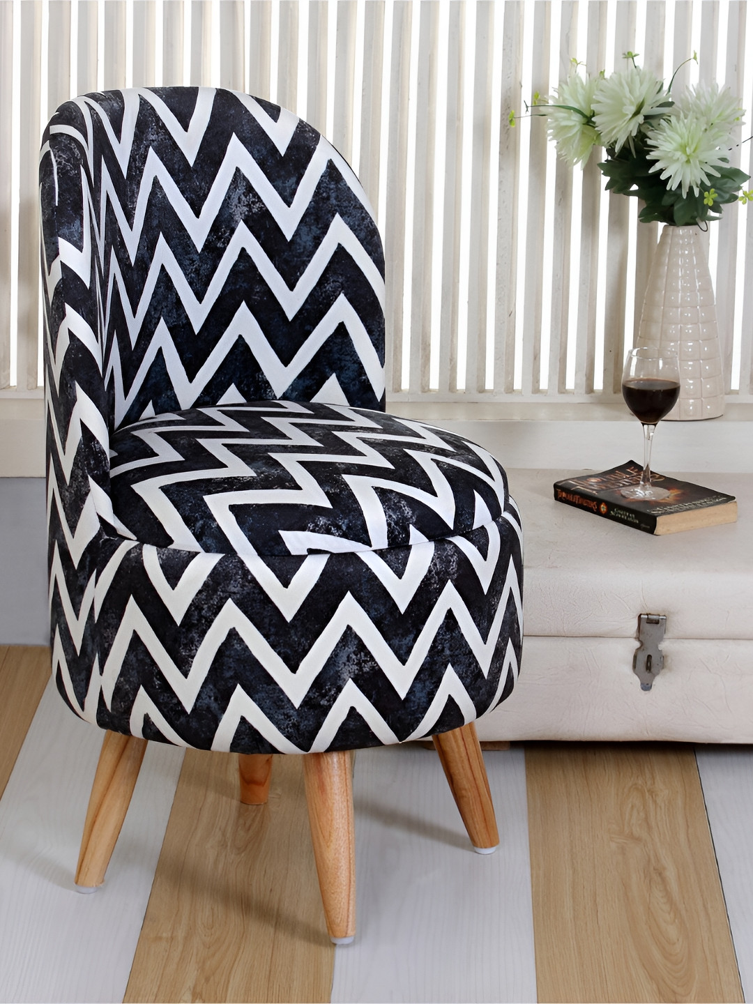 Shadowkart Navy Blue & White Chevron Print Wooden & Velvet Chair Ottoman
