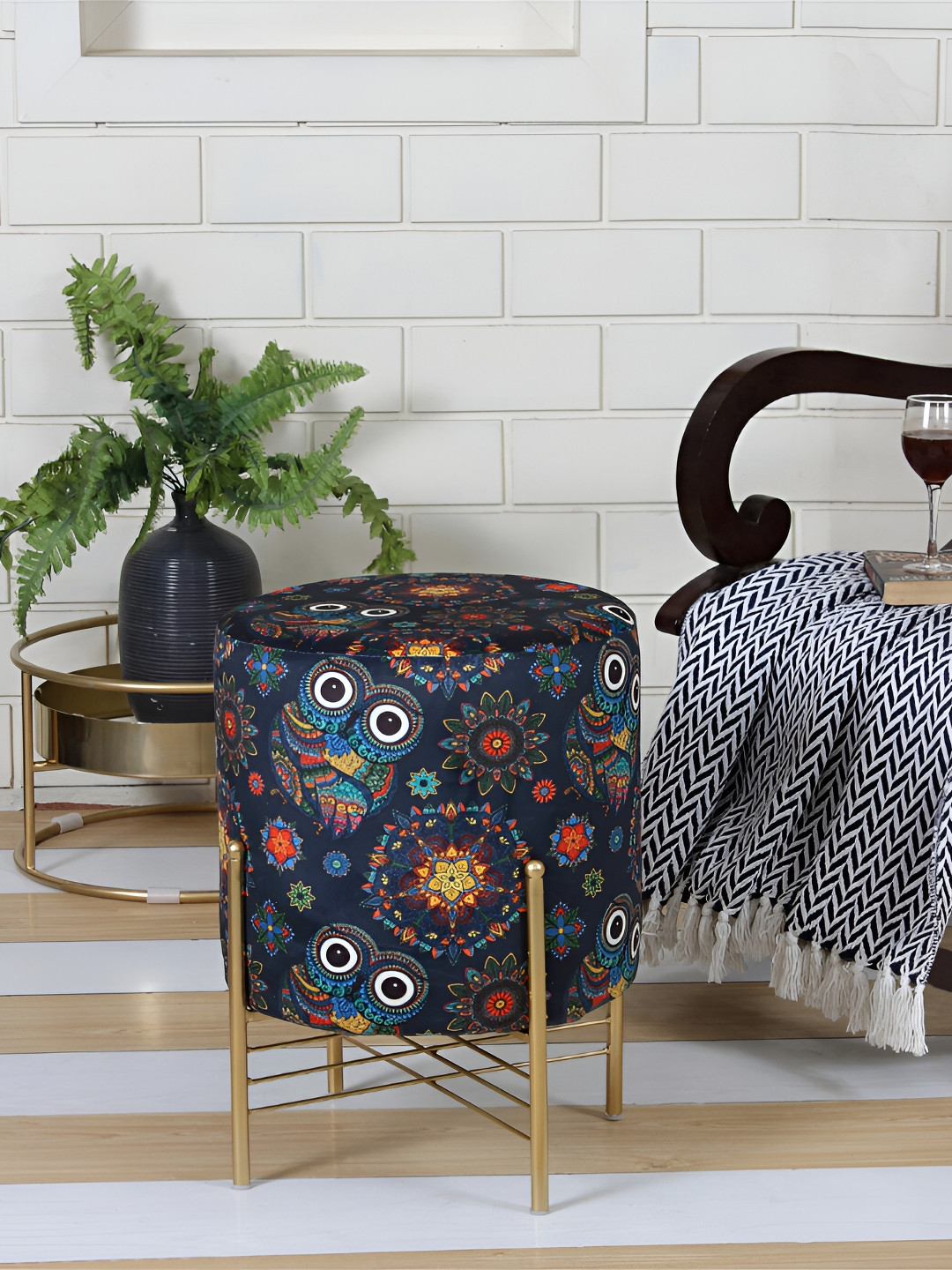 Shadowkart Navy Blue Wooden Pouffes Sitting Mudda Ottomans