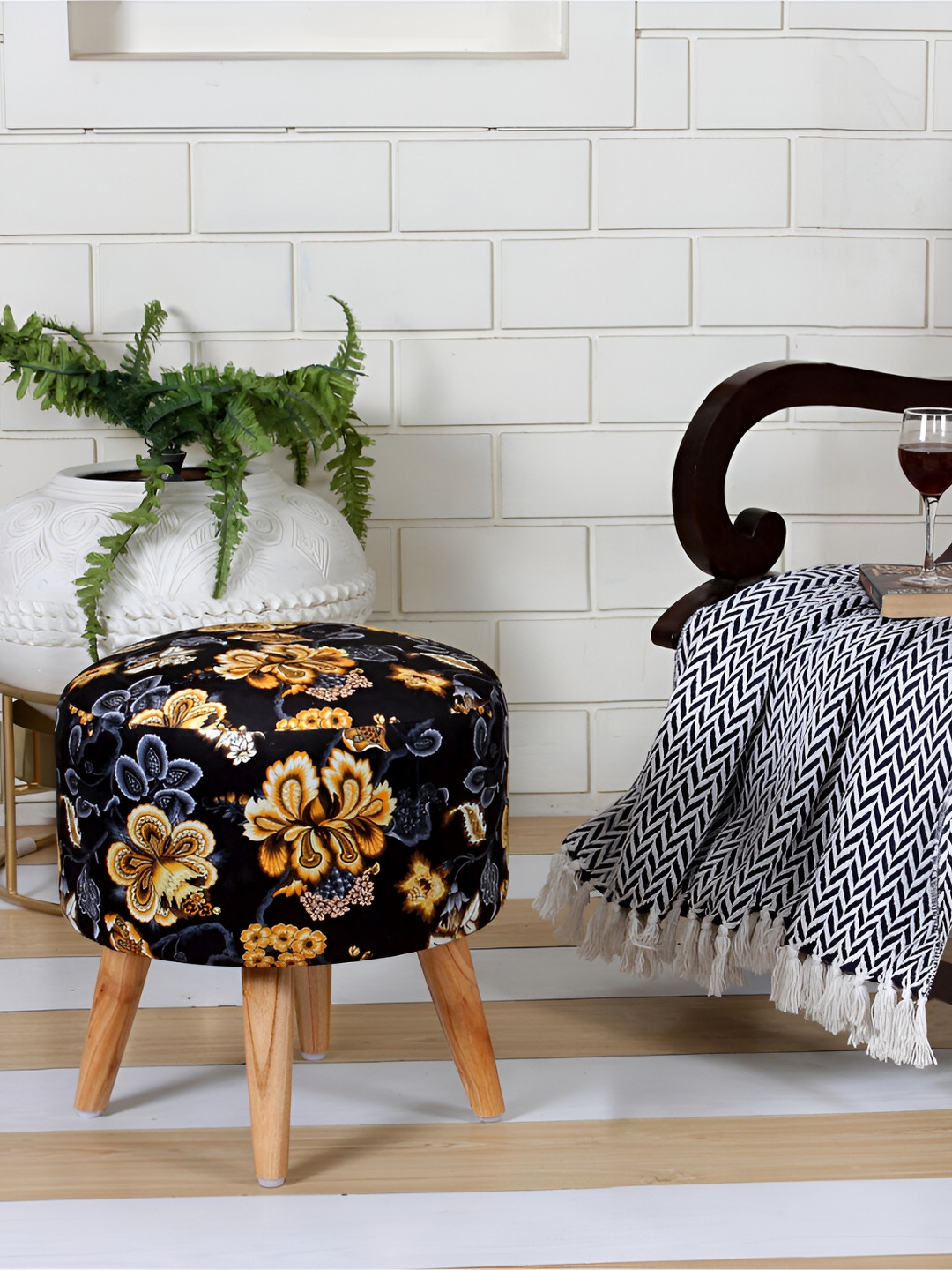 Shadowkart Black & Gold Toned Floral Printed Pouffes Sitting Ottoman