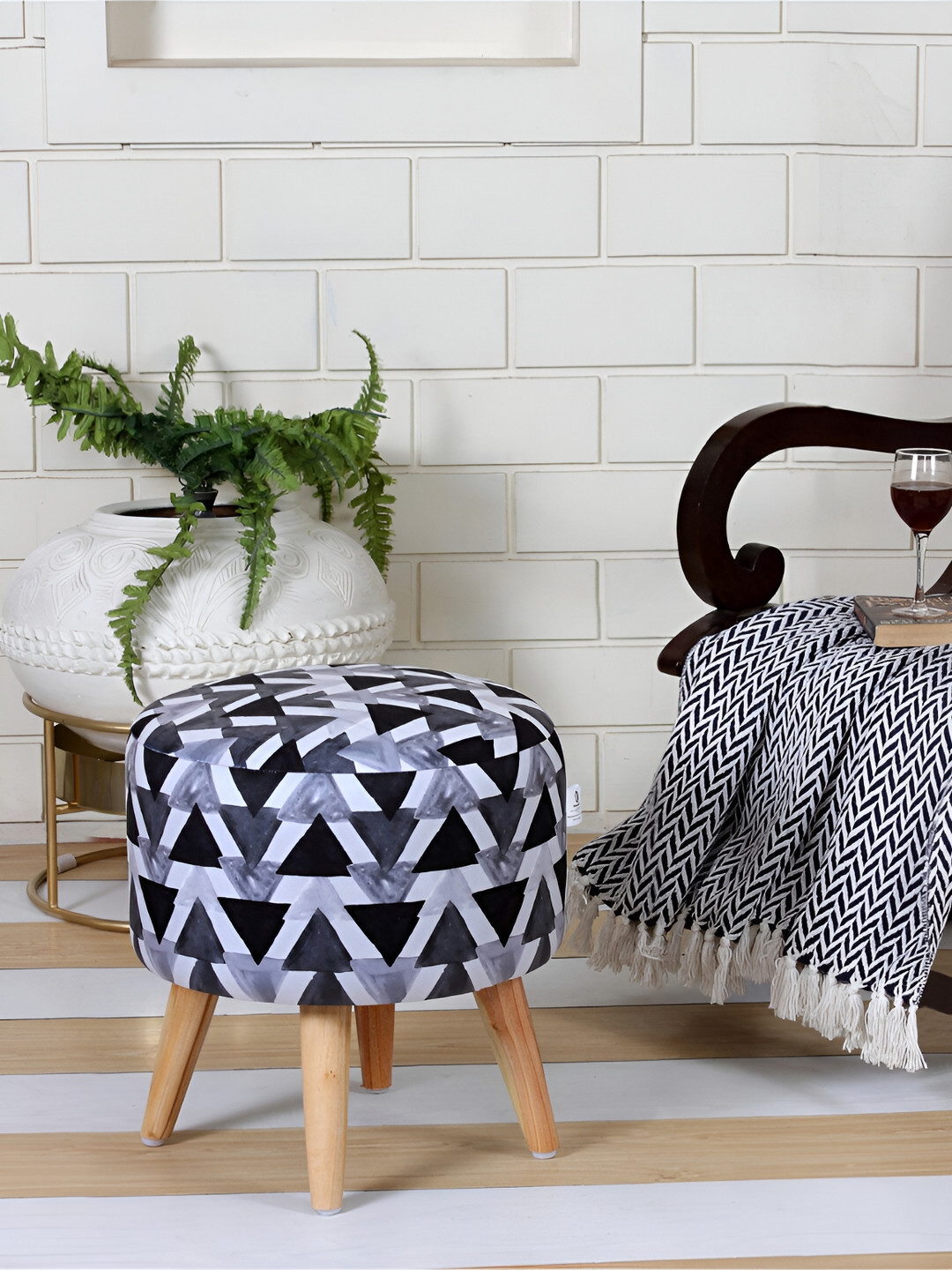 Shadowkart Navy Blue & White Geometric Printed Wooden Pouffes Sitting Mudda Ottomans