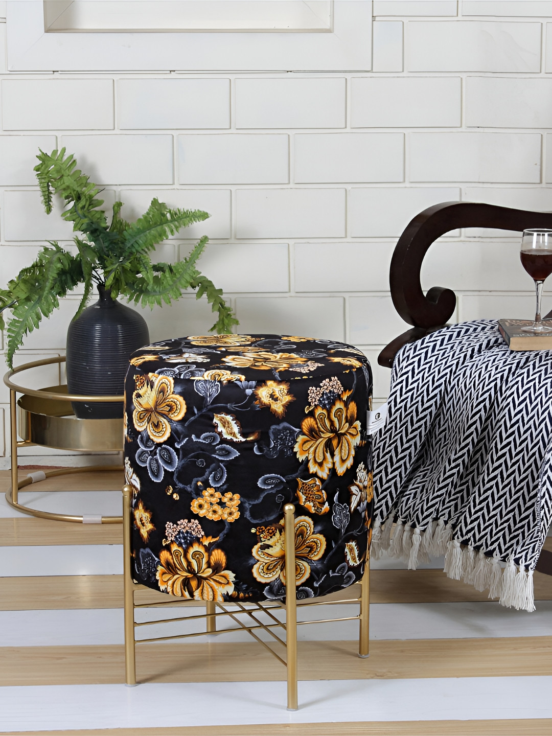 Shadowkart Navy Blue & Brown Wooden Pouffes Sitting Mudda Ottoman